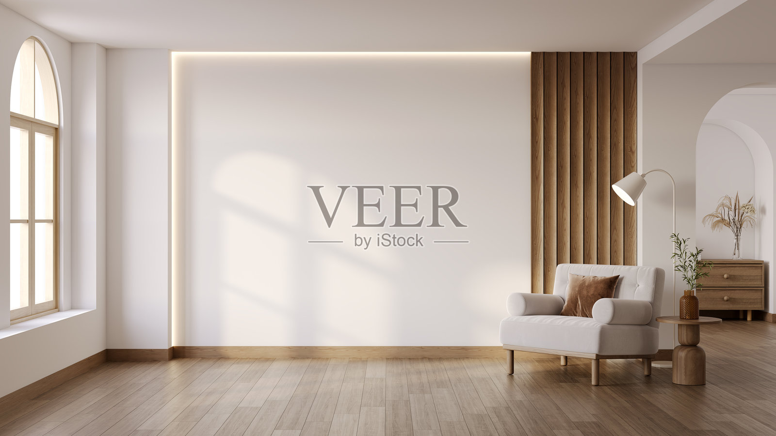 现代风格的中世纪室内客厅,配有白色沙发和木地板,背景为暖白色墙壁。3D渲染。照片摄影图片