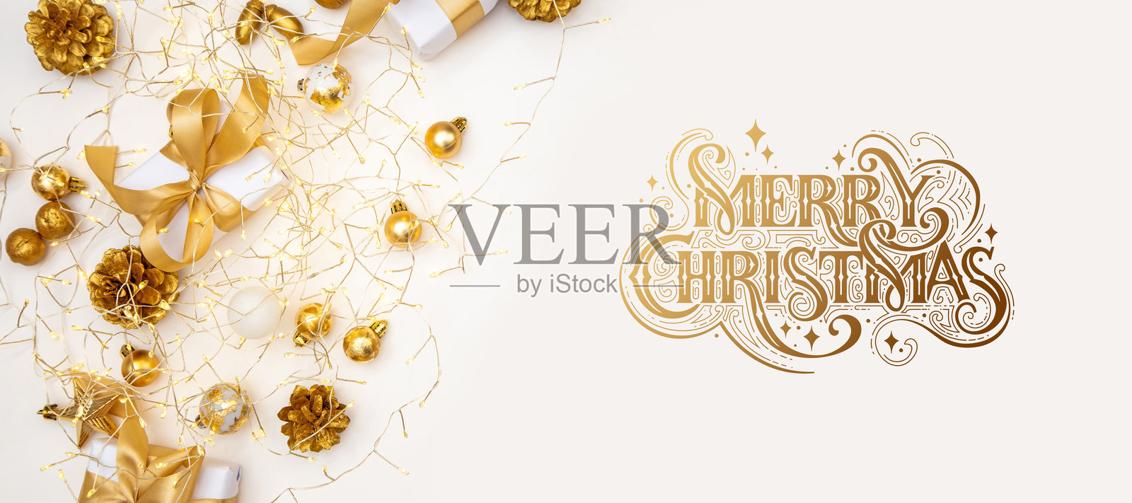 圣诞快乐,新年贺卡,框架和横幅。节日设计。圣诞快乐和新年快乐。圣诞礼物和装饰品,俯视。平面图。照片摄影图片