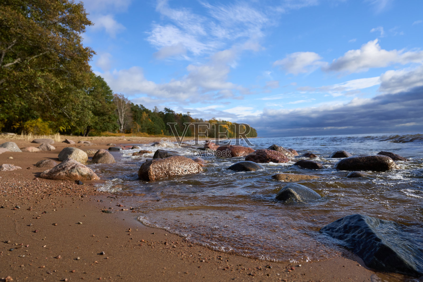秋季森林海岸线,海浪拍打着沙滩上的岩石,天空在上方。照片摄影图片