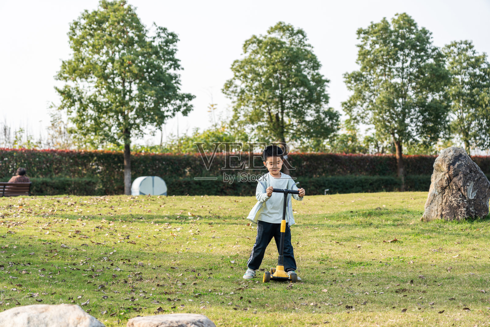 一个小男孩在公园里玩滑板车照片摄影图片