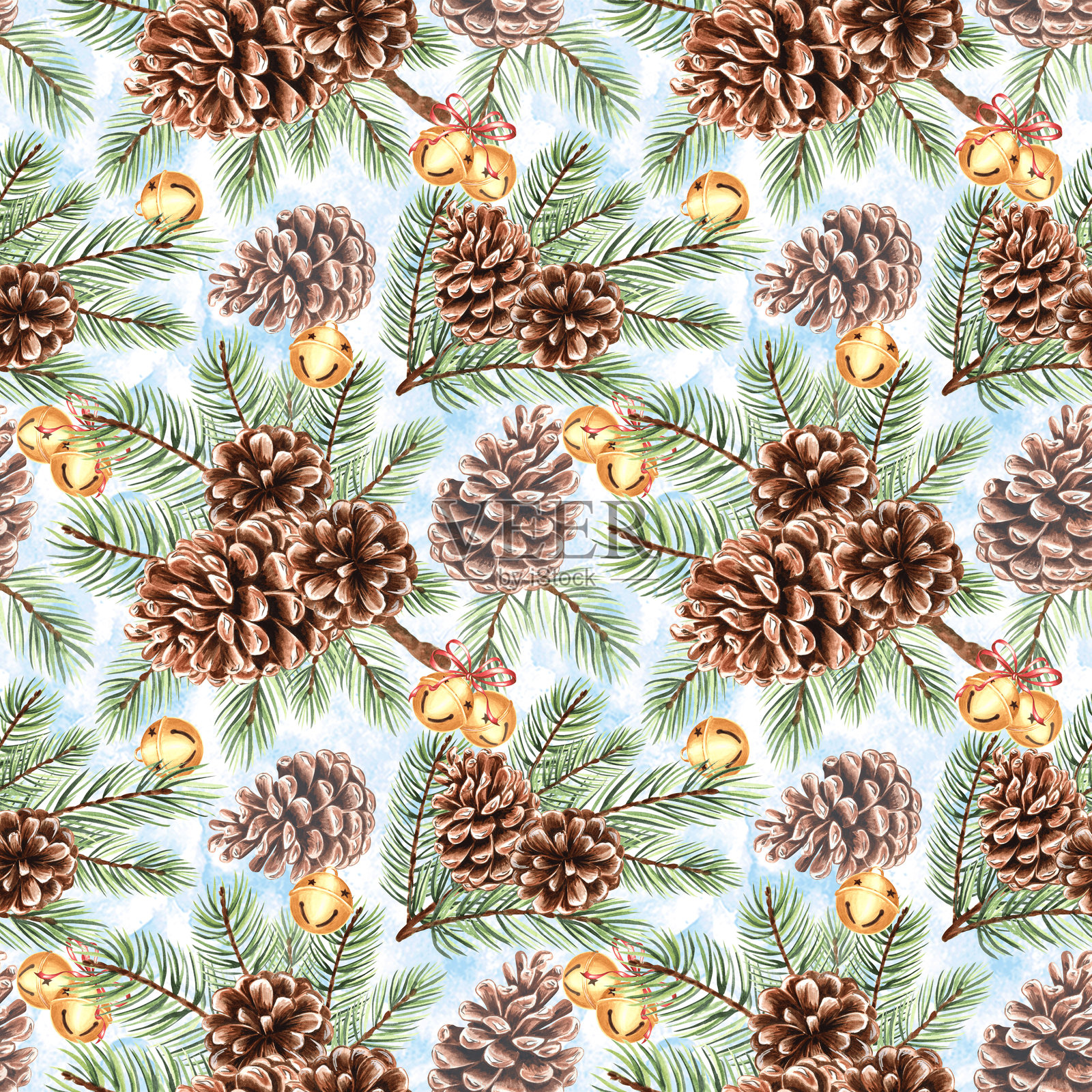 水彩松枝,带松果和圆形铃铛的无缝图案插画图片素材