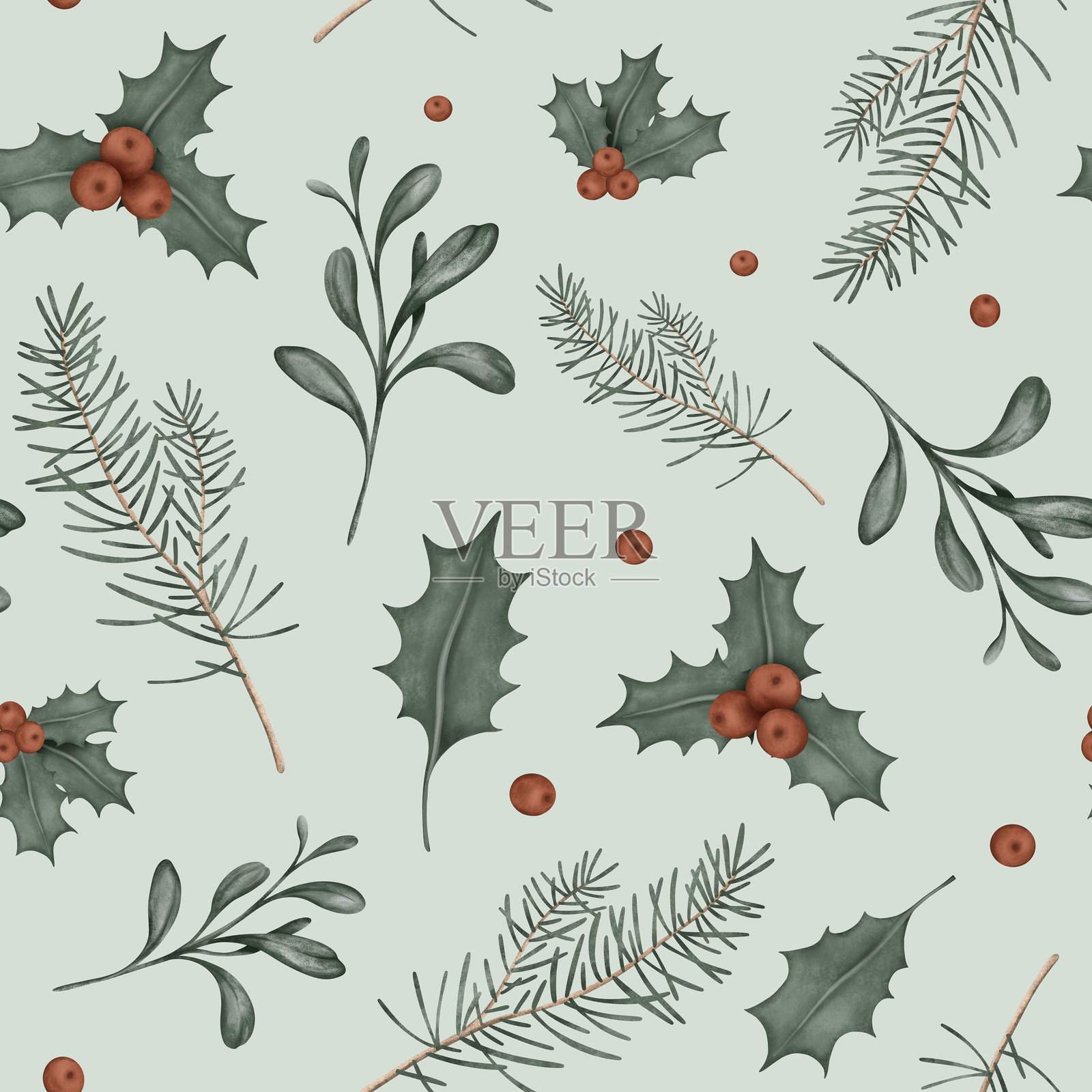水彩风格的圣诞冬青红浆果和冷杉枝条的无缝图案。手绘插画,孤立背景。冬季新年松枝重复图案。插画图片素材