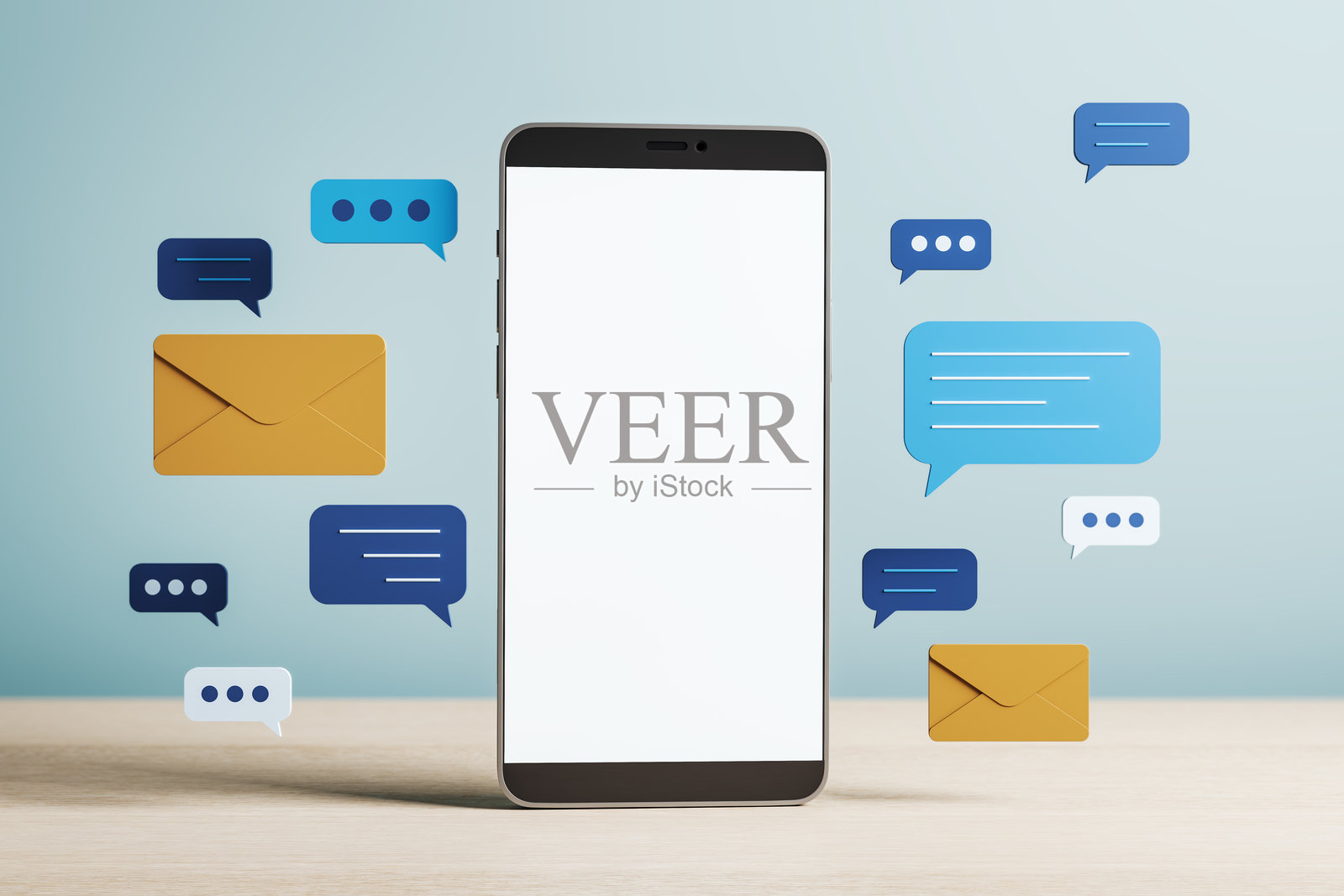 木质表面上的智能手机,屏幕空白,周围环绕着聊天气泡和邮件图标,背景为浅蓝色。3D渲染。照片摄影图片