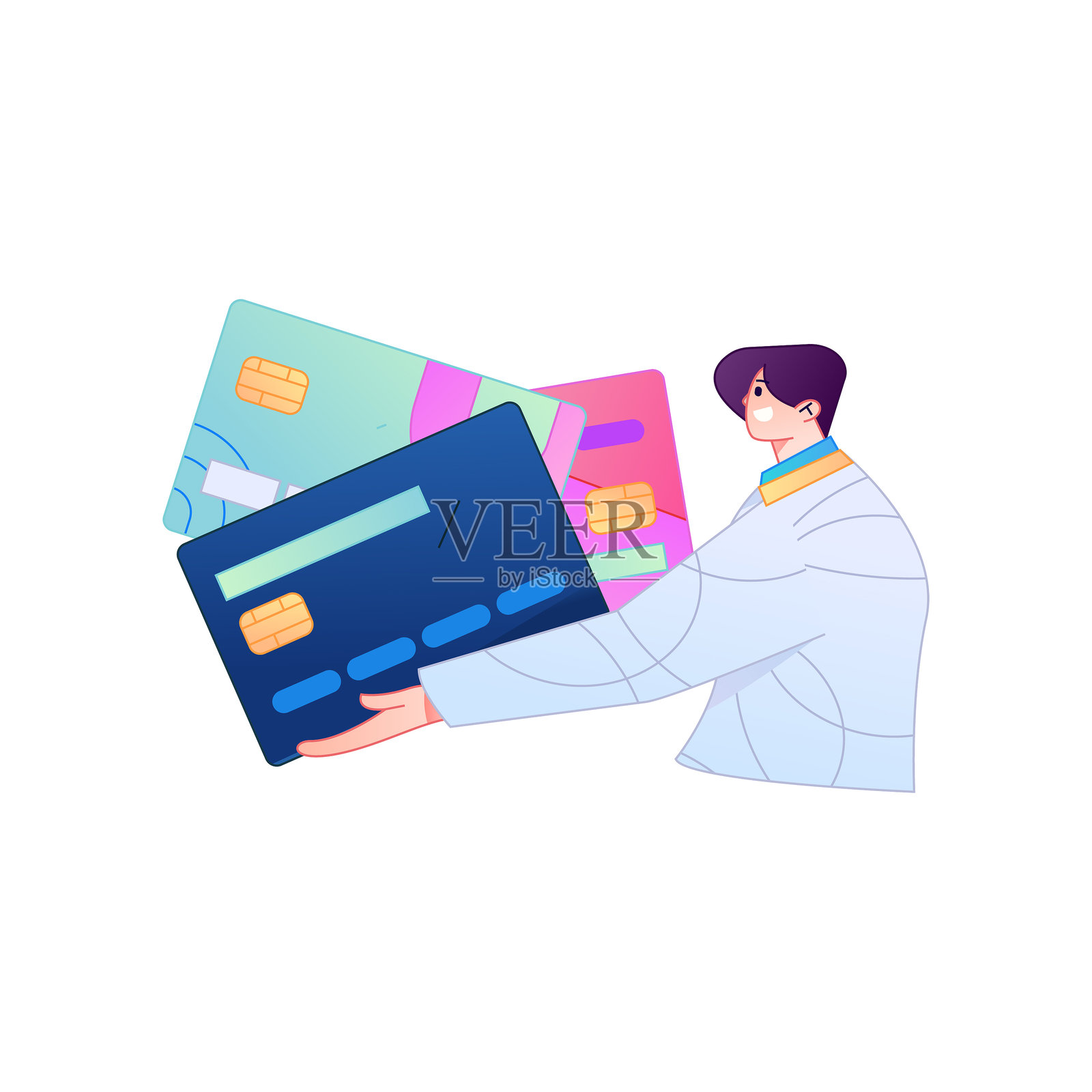 角色手持信用卡进行金融支付的矢量扁平渐变插画。插画图片素材