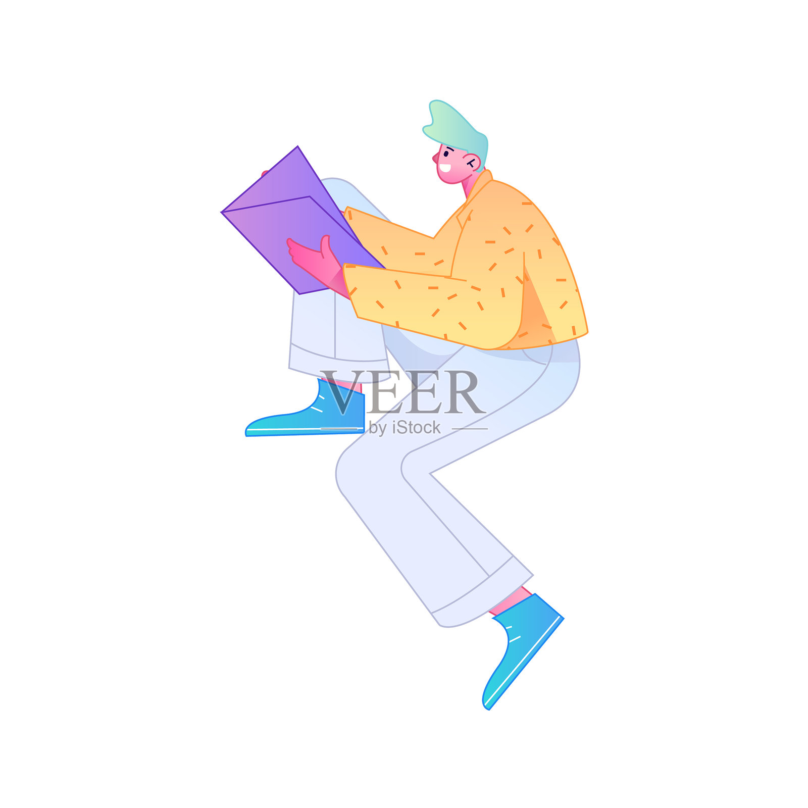 矢量扁平渐变插画,描绘一个正在读书的角色。插画图片素材