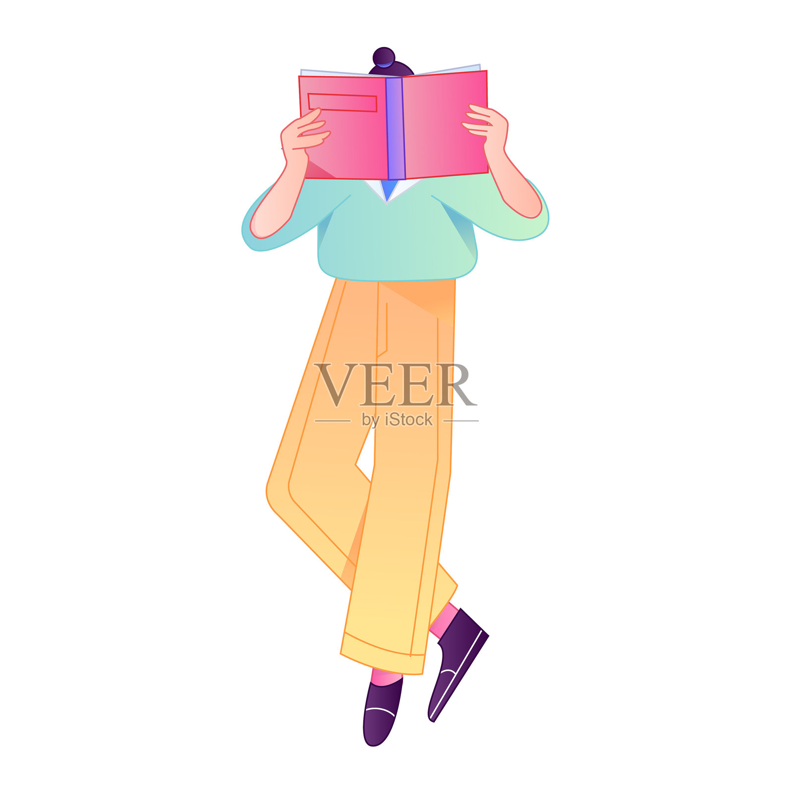 矢量扁平渐变插画,描绘了一个正在读书的角色。插画图片素材