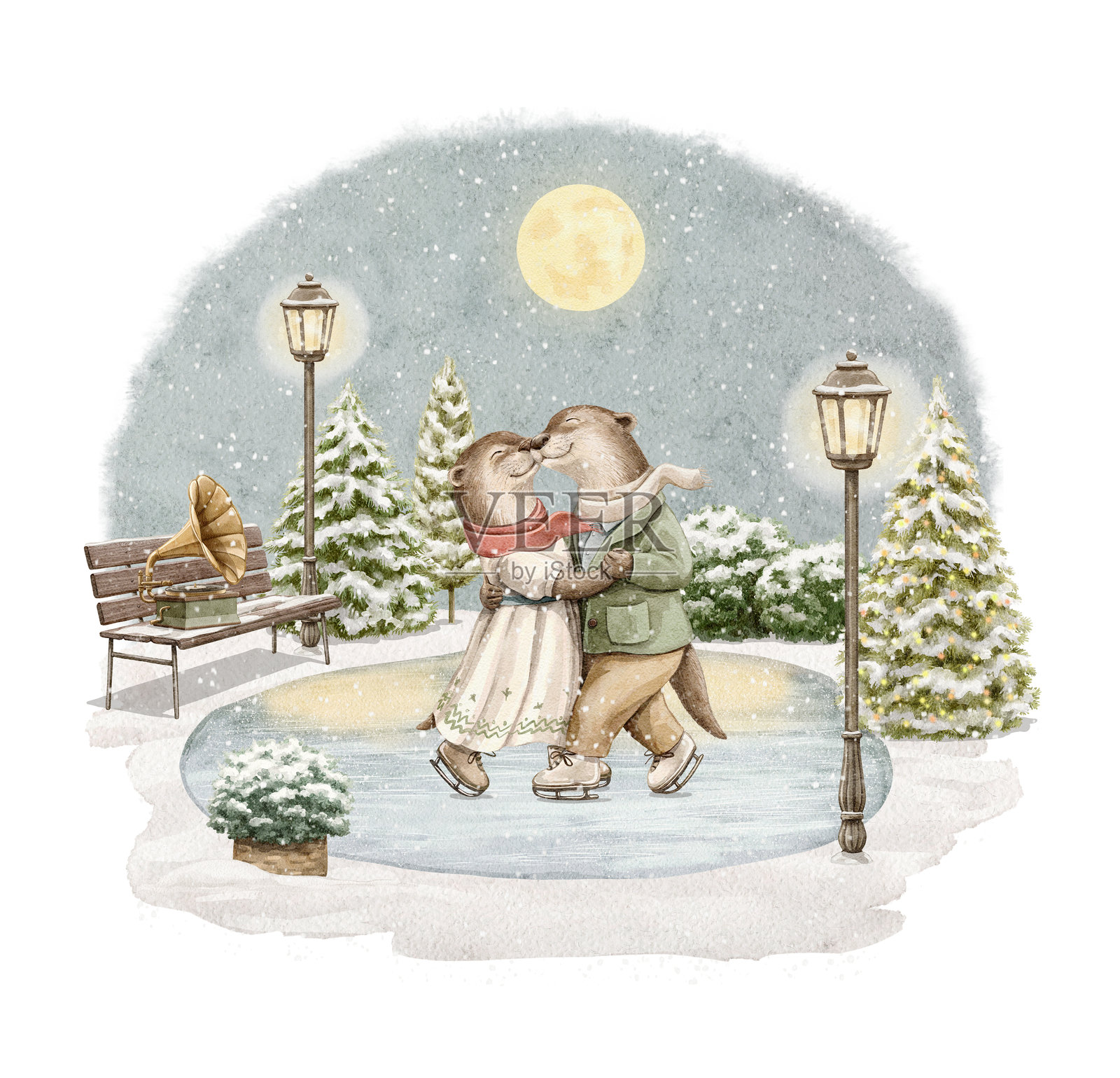 水彩圣诞复古组合,一对水獭动物穿着衣服在溜冰鞋上,背景是冬季公园的溜冰场插画图片素材