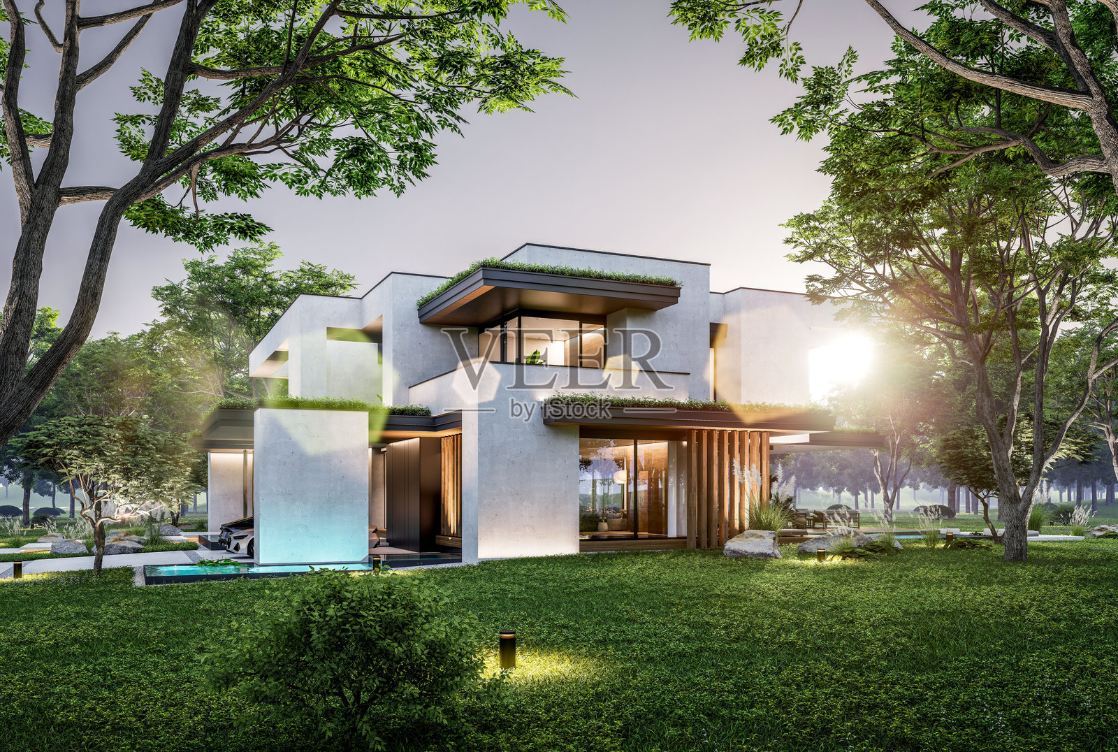 夜晚的二层混凝土外观房屋3D渲染图照片摄影图片