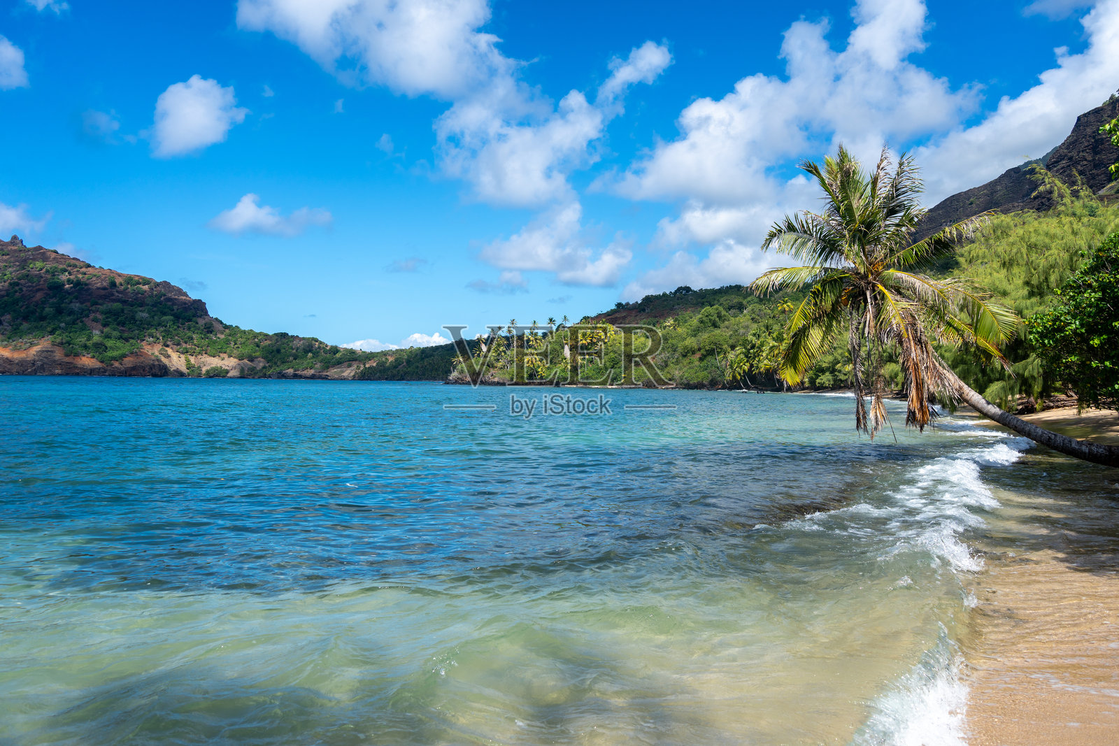 法属波利尼西亚努库希瓦岛的阿纳霍湾和海滩,带有棕榈树照片摄影图片
