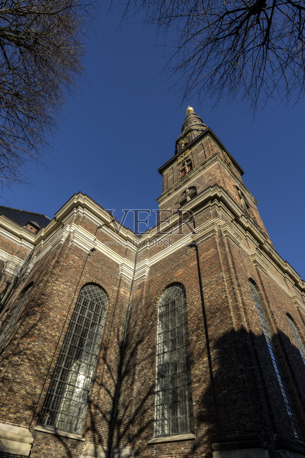 丹麦哥本哈根救世主教堂的正面,被光秃秃的树枝框住,在明亮的蓝天下突显出塔楼。照片摄影图片