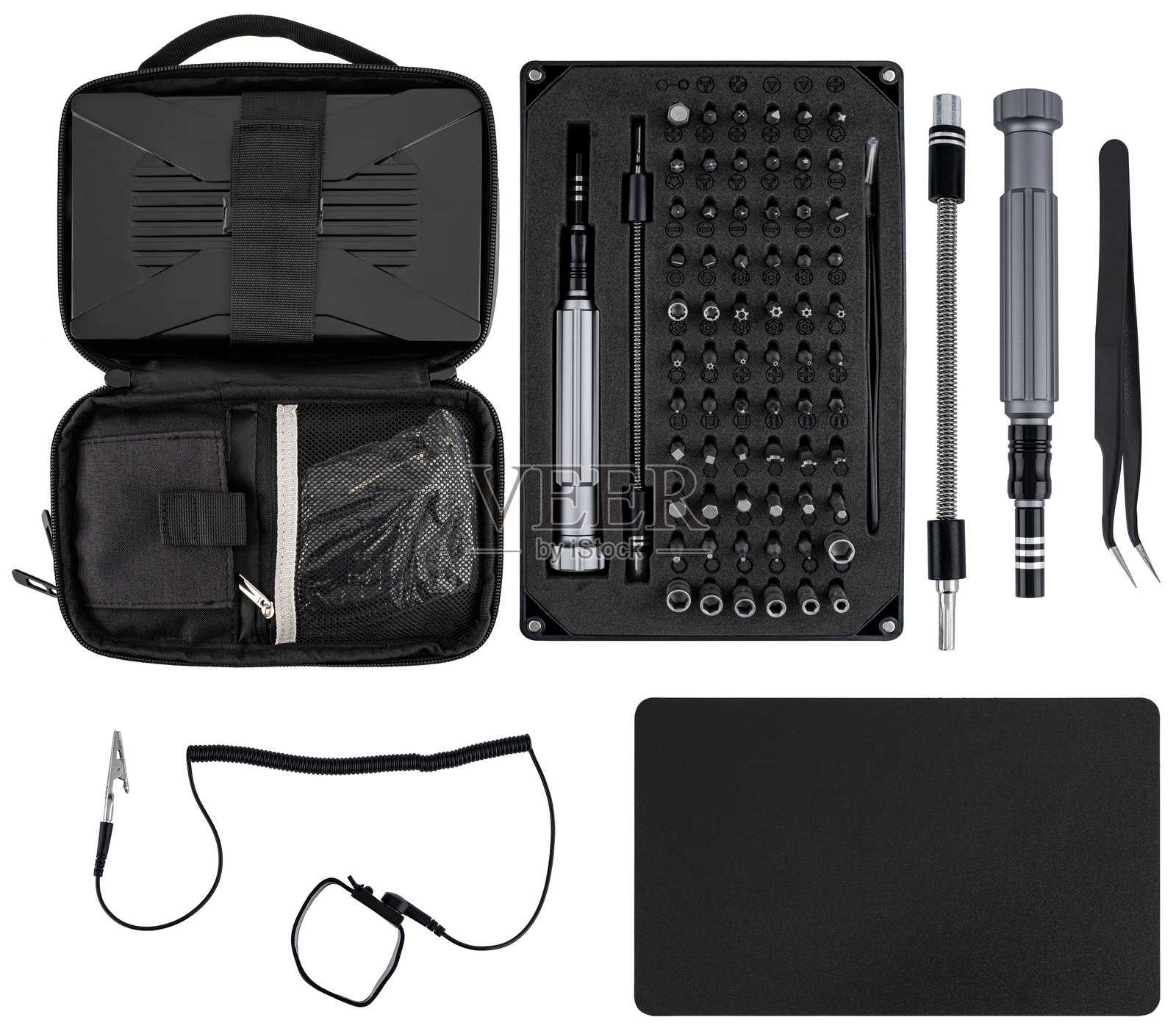 精密螺丝刀套装,包含精密工作批头、软轴和镊子。照片摄影图片