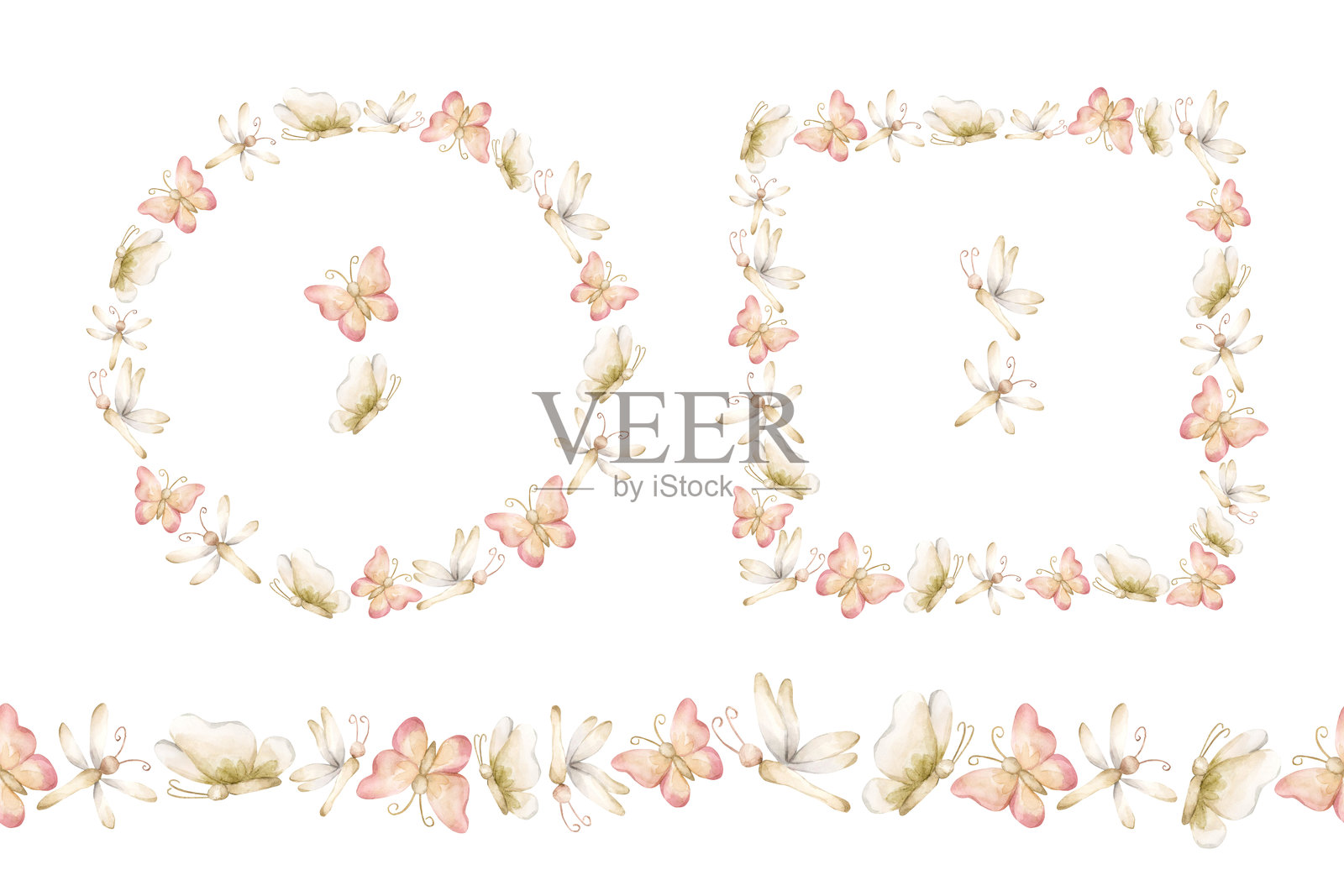 可爱的蝴蝶蜻蜓昆虫花环边框无缝花边集合。夏日粉彩色中性色孤立水彩插画插画图片素材