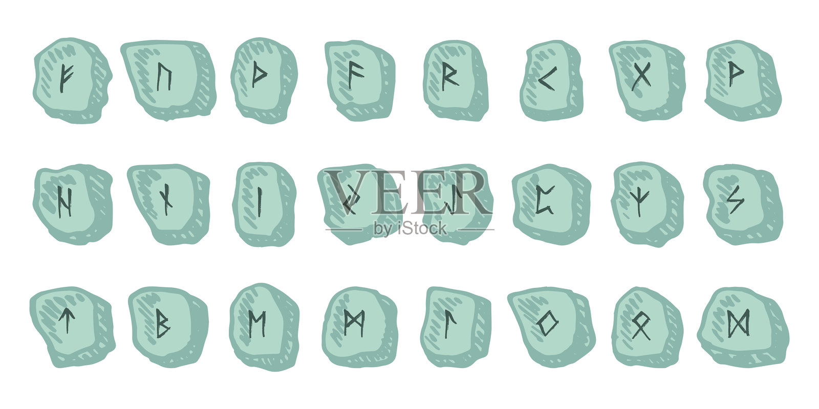 手绘维京符文组合,带有古诺斯字母的符文石插画图片素材