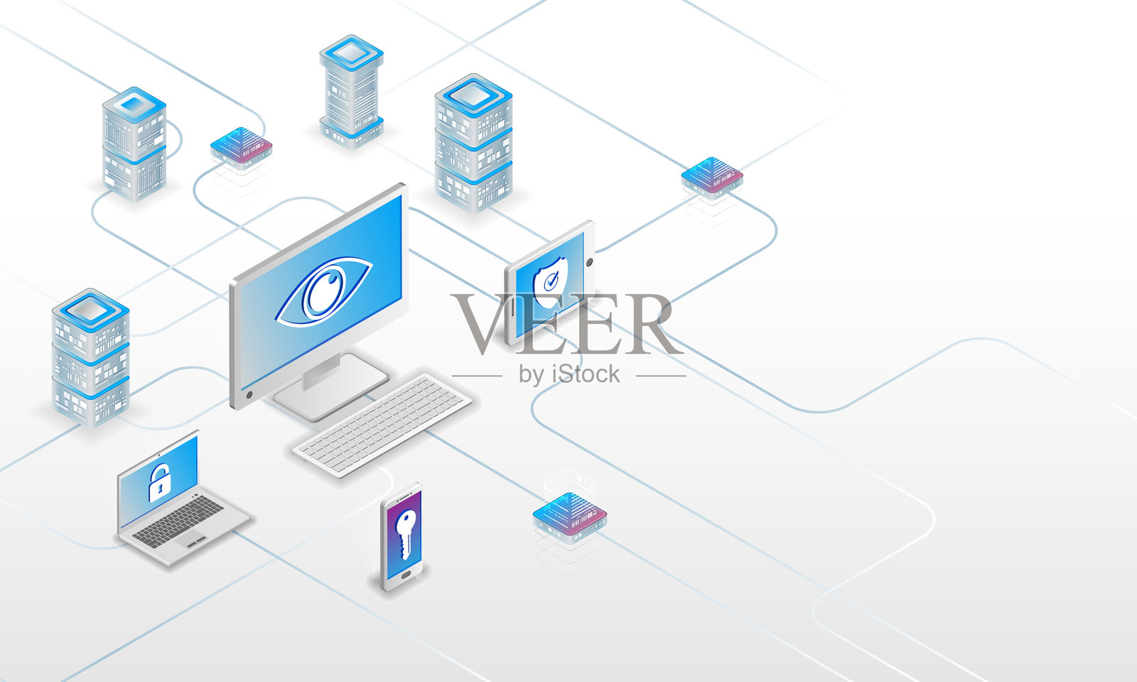 一个安全的数字网络等距插画,包含连接的服务器、计算机和移动设备,代表着云计算、数据保护、网络安全和现代IT基础设施。插画图片素材