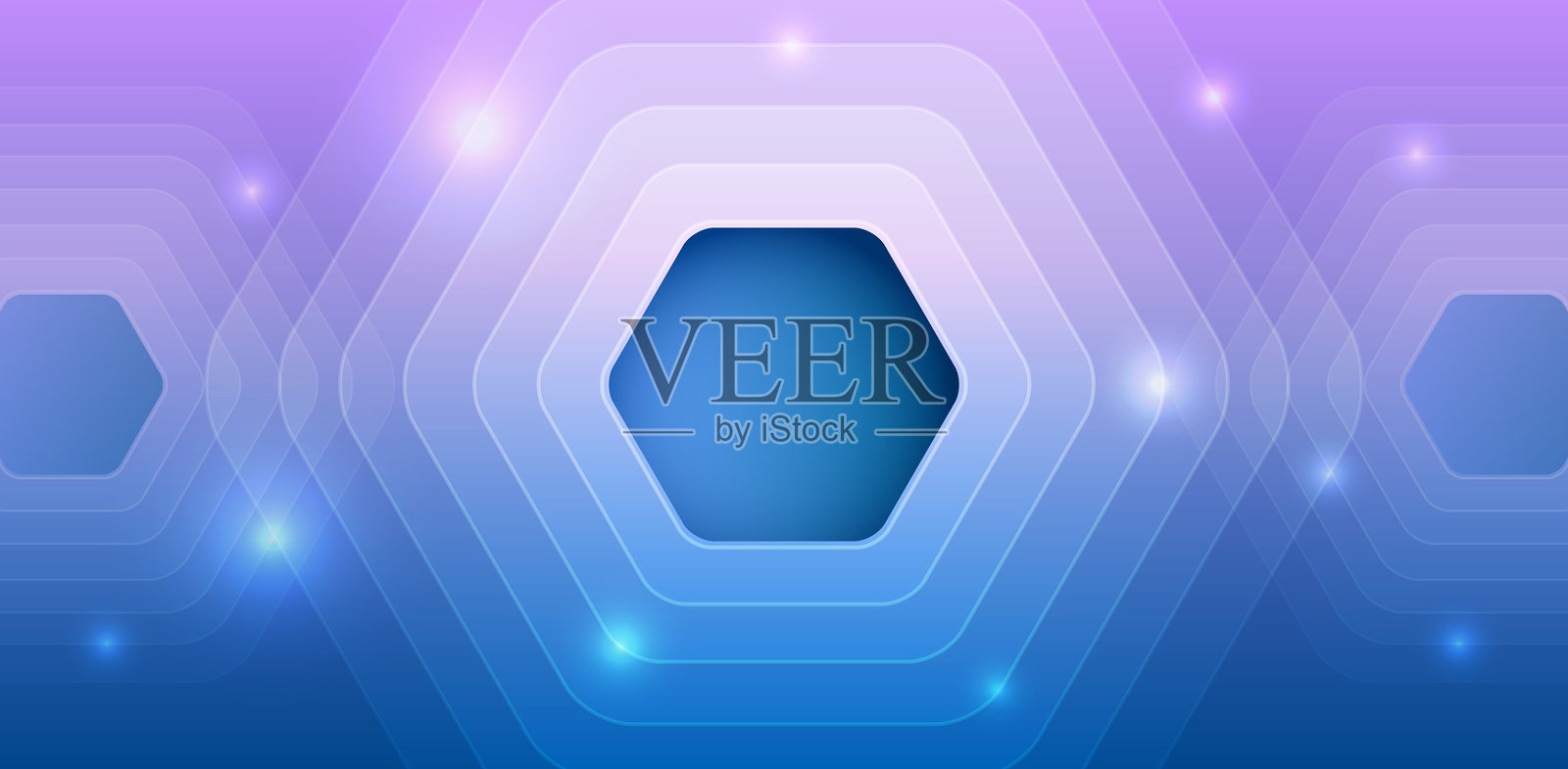 未来感抽象背景,带有发光的六边形,从蓝色到紫色的平滑渐变,光效和现代几何线条。非常适合科技、数字和创新主题。插画图片素材