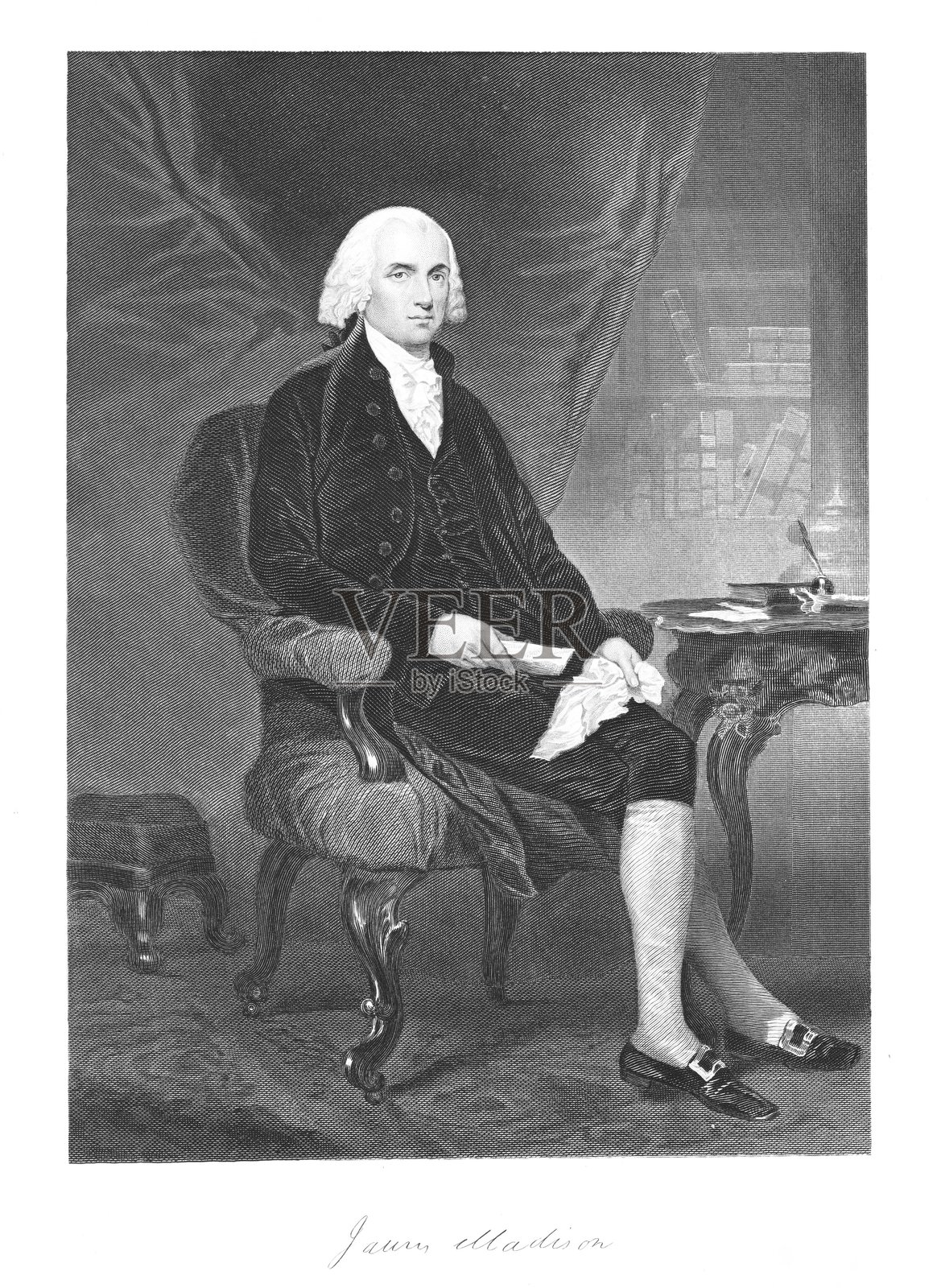 詹姆斯·麦迪逊肖像及签名,美国第四任总统,国父,18-19世纪美国历史插画图片素材