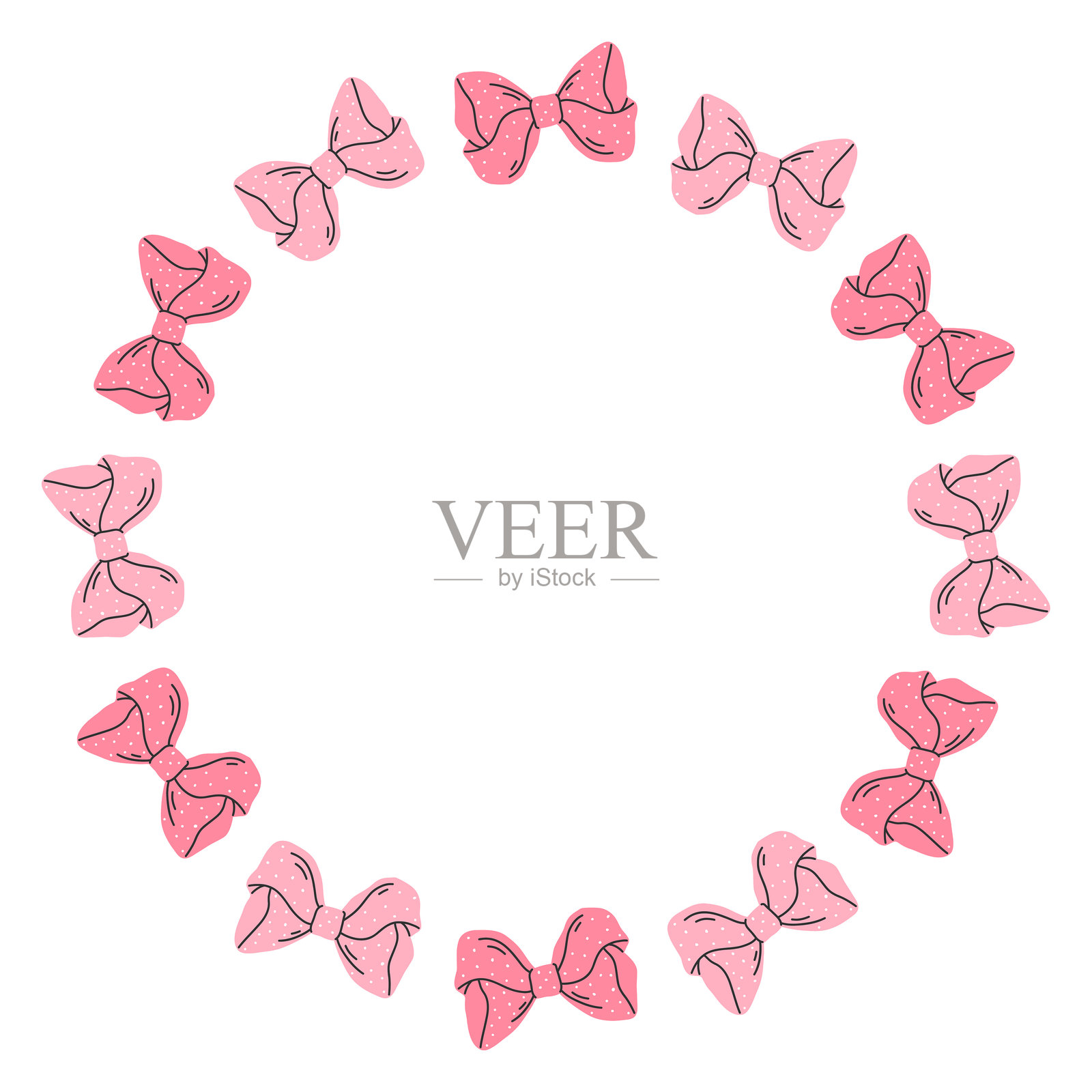 由粉色缎带蝴蝶结组成的圆形矢量边框。蝴蝶结边框设计。矢量插画。可爱的装饰模板。插画图片素材