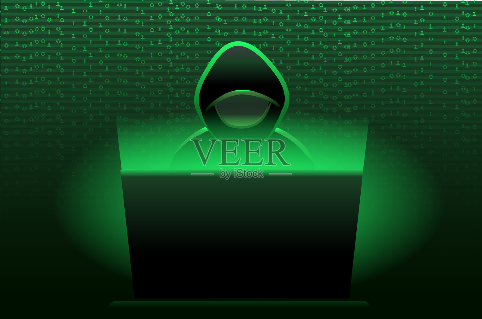 身穿连帽衫的黑客在笔记本电脑前,背景是绿色的二进制代码,其中包含数字零和一插画图片素材