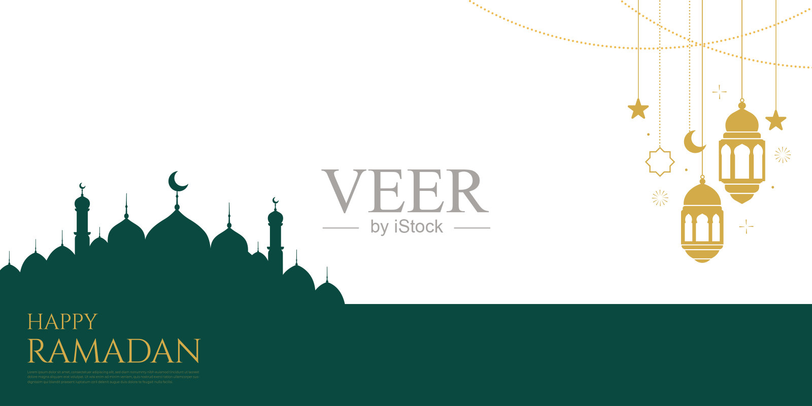 现代绿色伊斯兰清真寺斋月卡里姆背景,带有装饰灯笼,用于横幅模板设计边框装饰插画图片素材