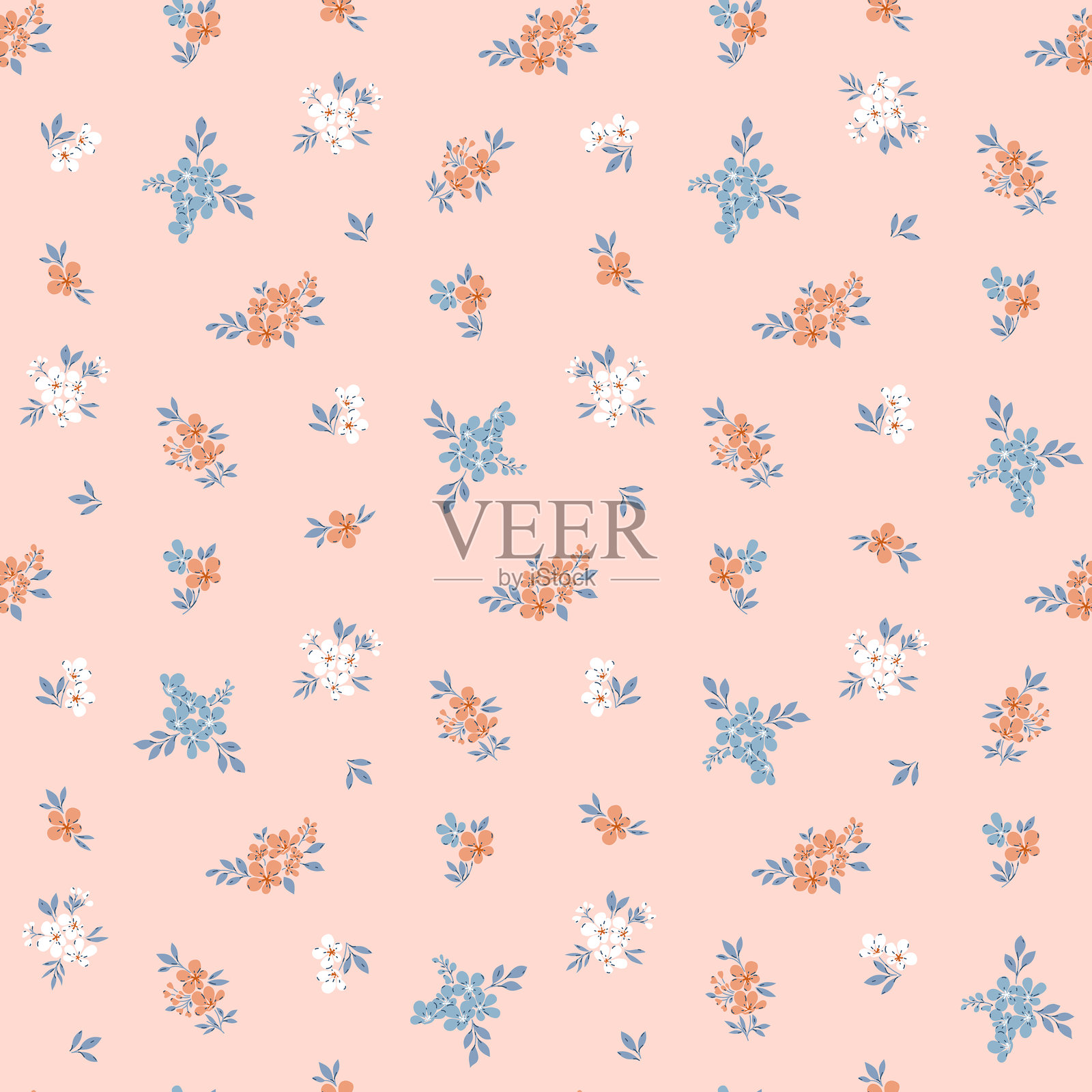 橙色调背景上的小碎花图案。用于设计和时尚印花的无缝花卉图案。碎花风格。花卉矢量图印花。插画图片素材