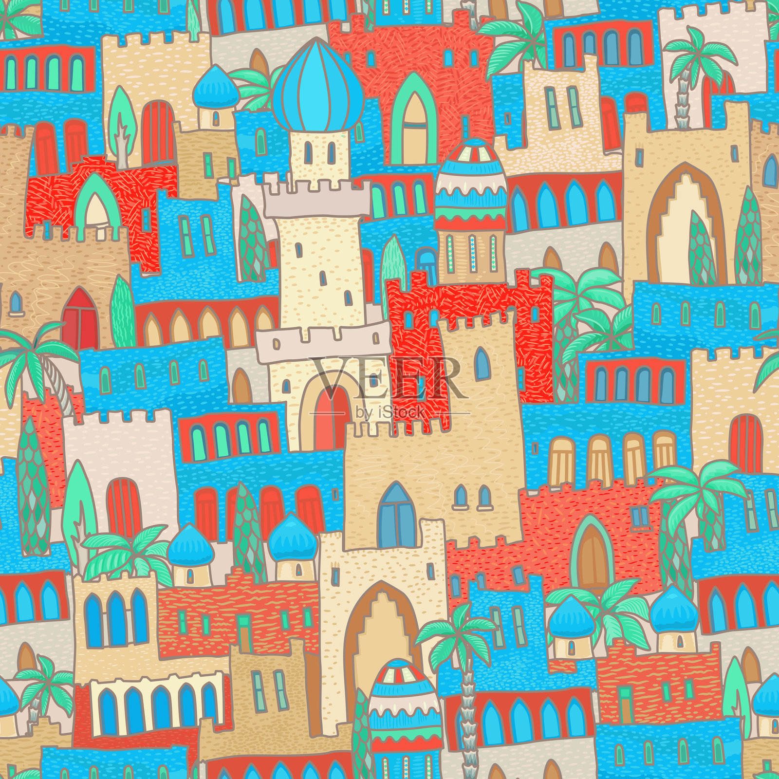 童话东方中世纪城镇的矢量无缝图案插画图片素材