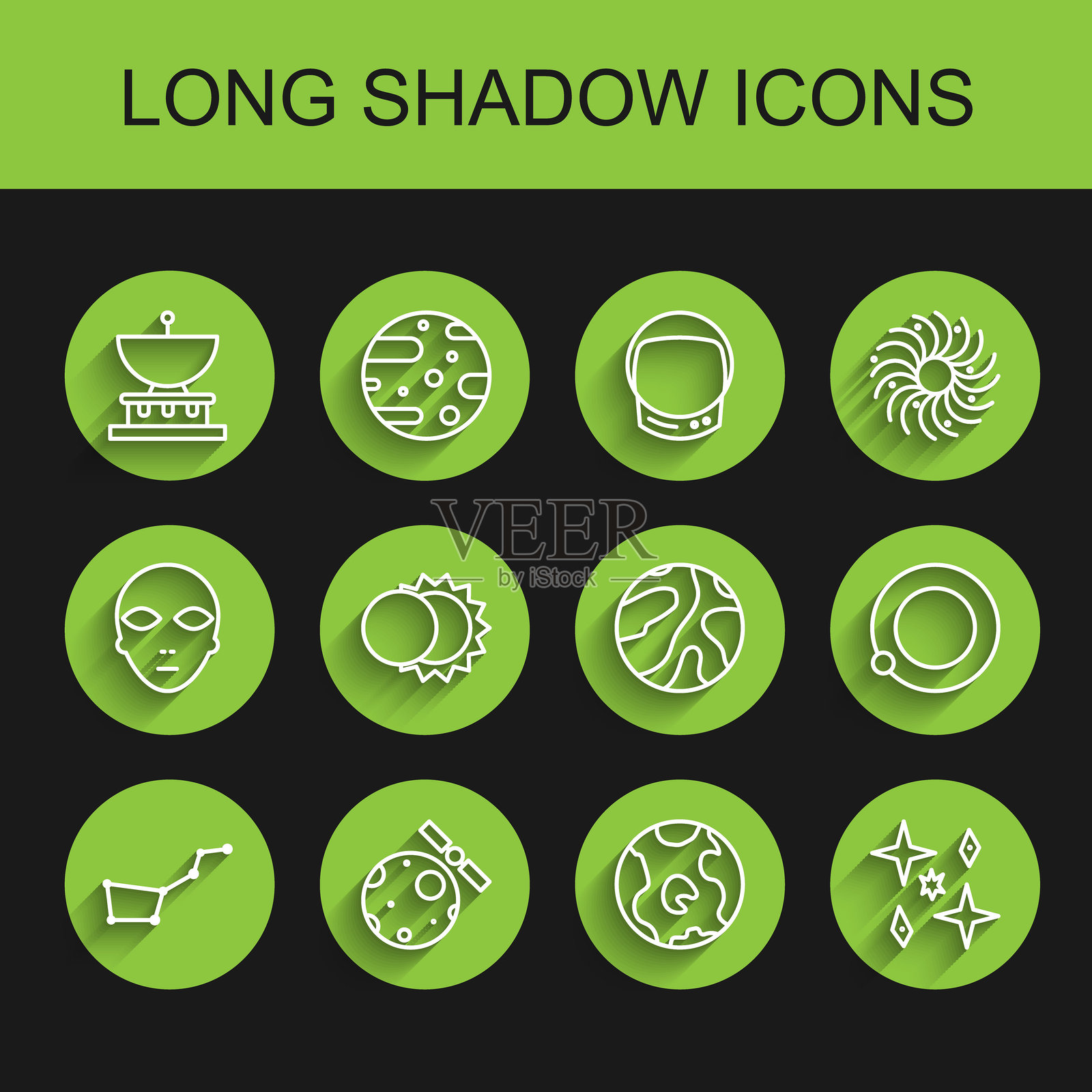 大熊座星座、绕地球运行的卫星、土星、地球、日食和流星的线条图标。矢量图插画图片素材