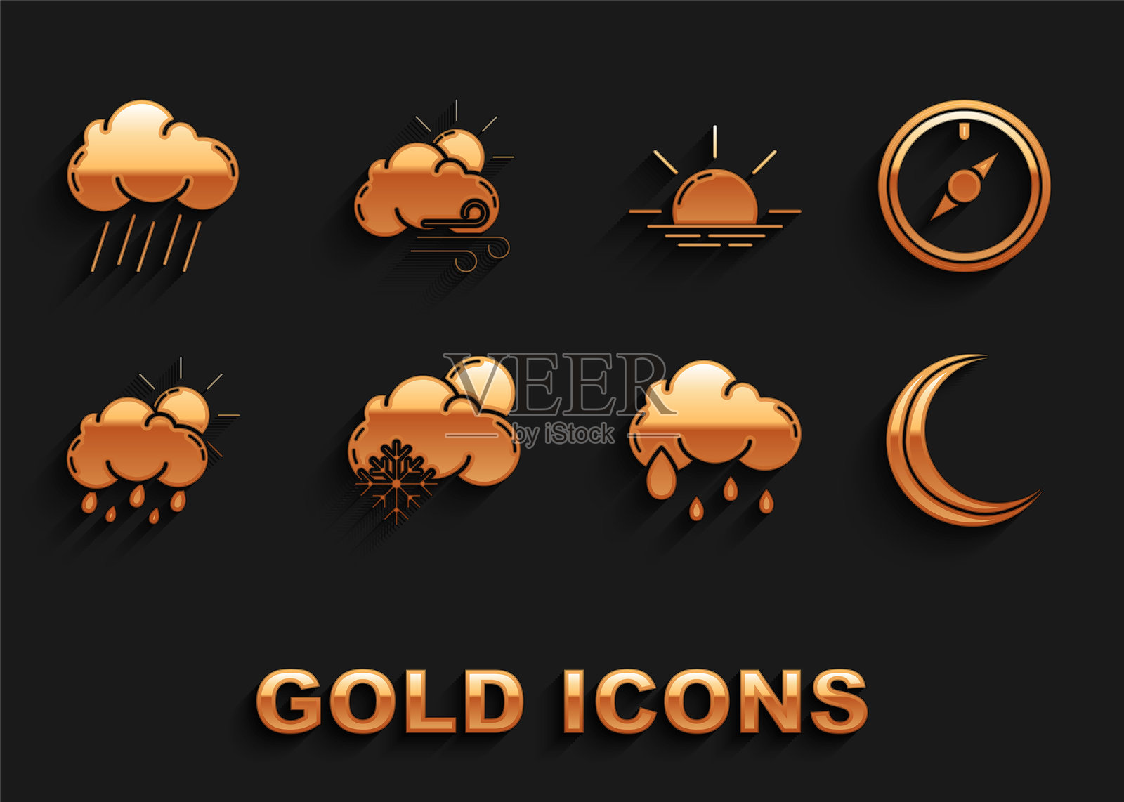 风玫瑰、月亮星星、下雨、日出、晴天和刮风天气图标的云雪组合。矢量图插画图片素材