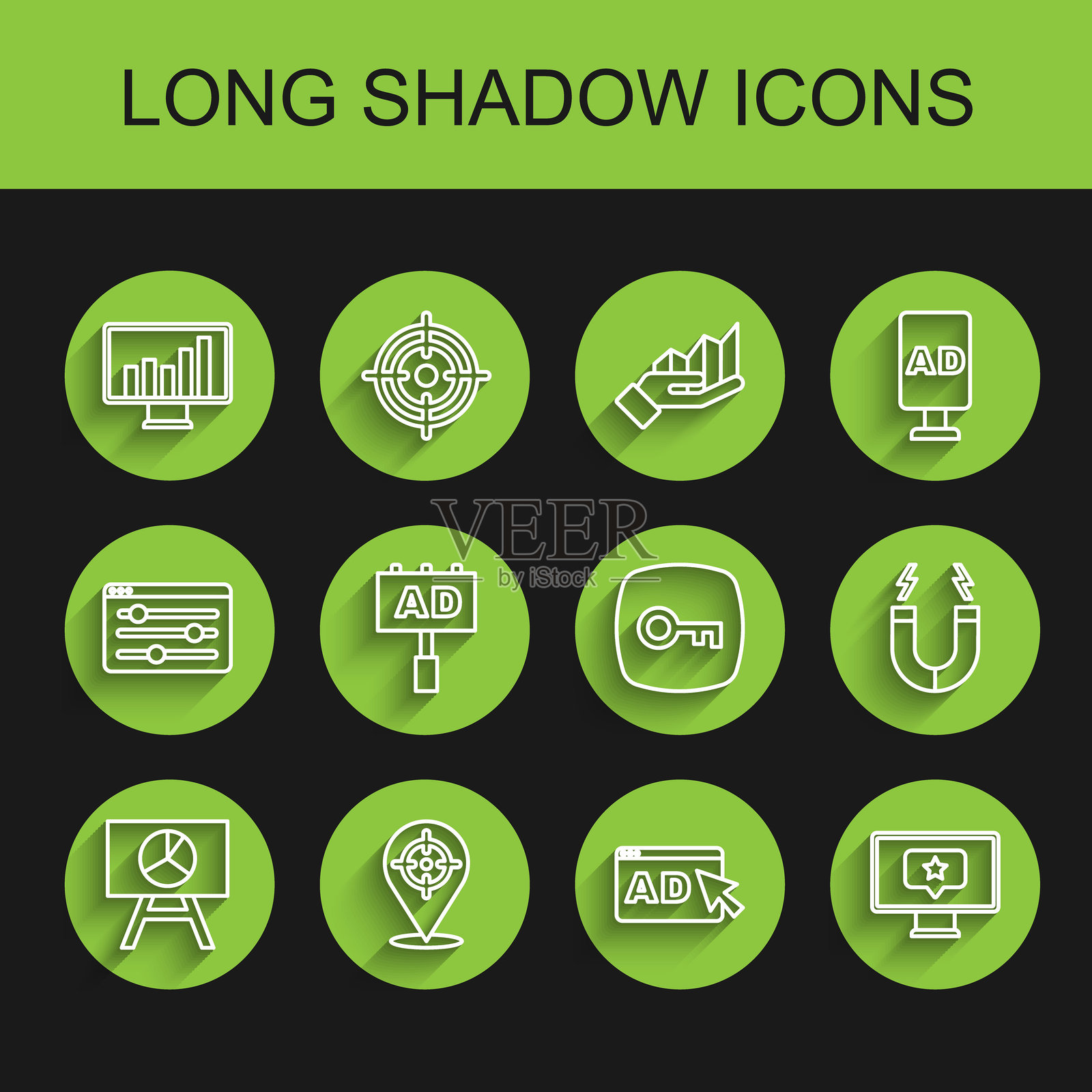 设置了带有图表、目标、监控、广告、星星、磁铁和钥匙图标的线条板。矢量图插画图片素材