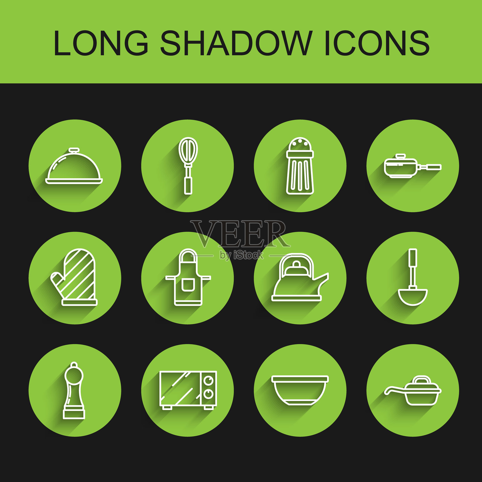 辣椒、微波炉、带食物托盘的盖子、碗、煎锅、厨房围裙、勺子和水壶把手图标的线条图。矢量图插画图片素材