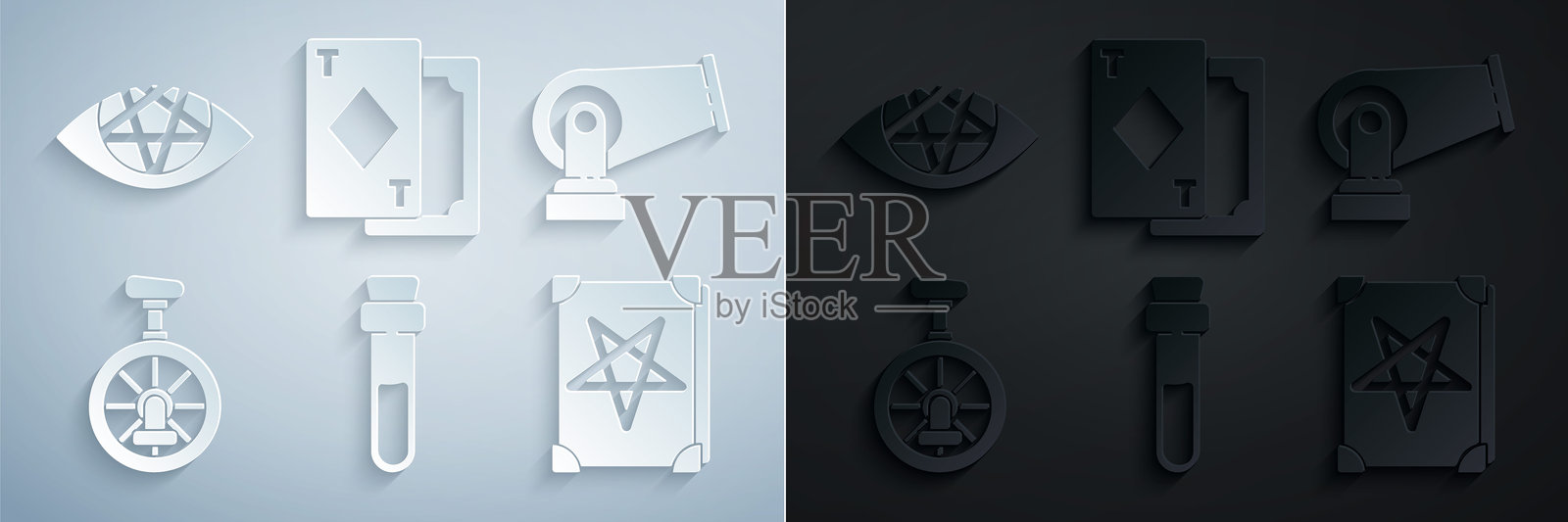 一套带有爱情魔药的瓶子、加农炮、独轮车或单轮自行车、古代魔法书、扑克牌和五角星图标。矢量图插画图片素材