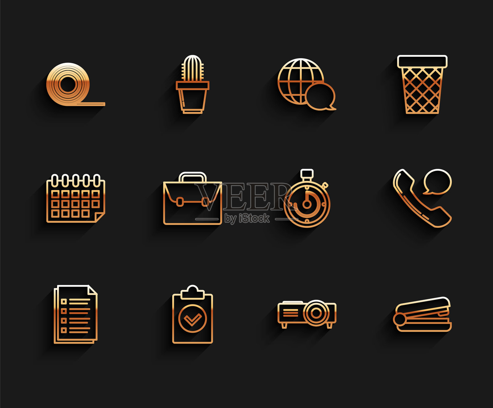 文件、已完成的任务、胶带、演示文稿、电影、媒体放映机、办公订书机、公文包、电话听筒以及聊天和图标的语音气泡。矢量图插画图片素材