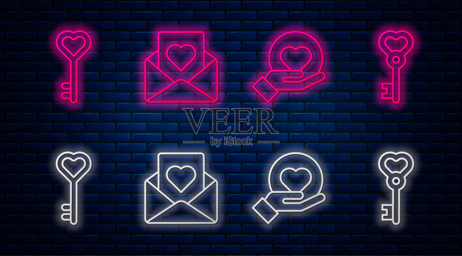 发光的霓虹图标,背景为砖墙,包含信封带爱心、手托爱心、心形钥匙和心形钥匙的线条图标。矢量图插画图片素材