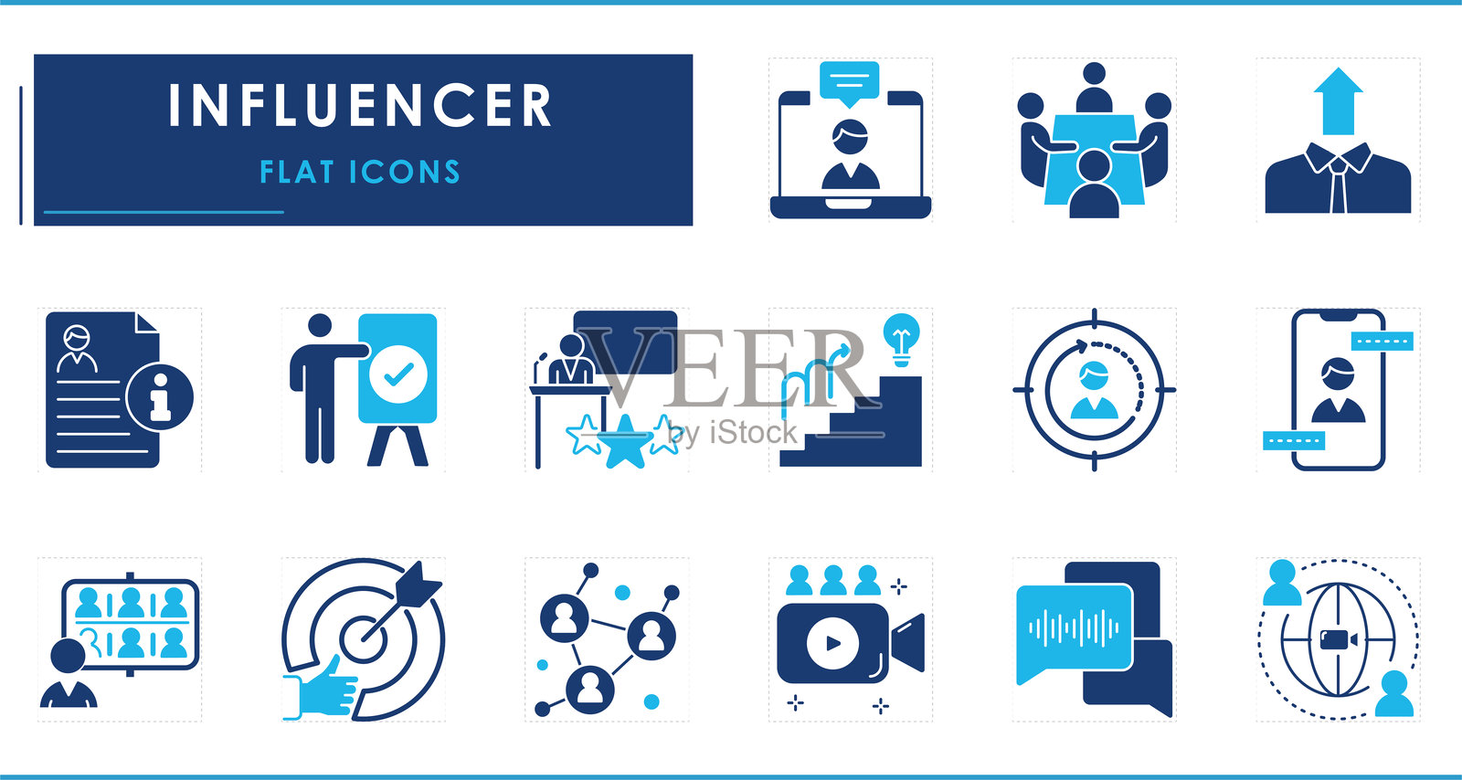 一套与网红相关的扁平化图标,包含人物、聊天、商业、交流、影响力、学习、知识、策略、发展、管理等。插画图片素材