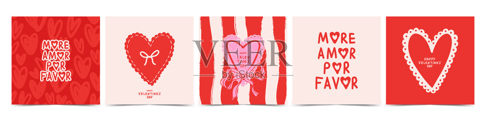 一套充满爱心的情人节贺卡创意设计,包含心形、蝴蝶结和排版元素。现代抽象矢量模板,适用于庆祝、广告、品牌宣传、横幅、封面、标签和海报等。插画图片素材