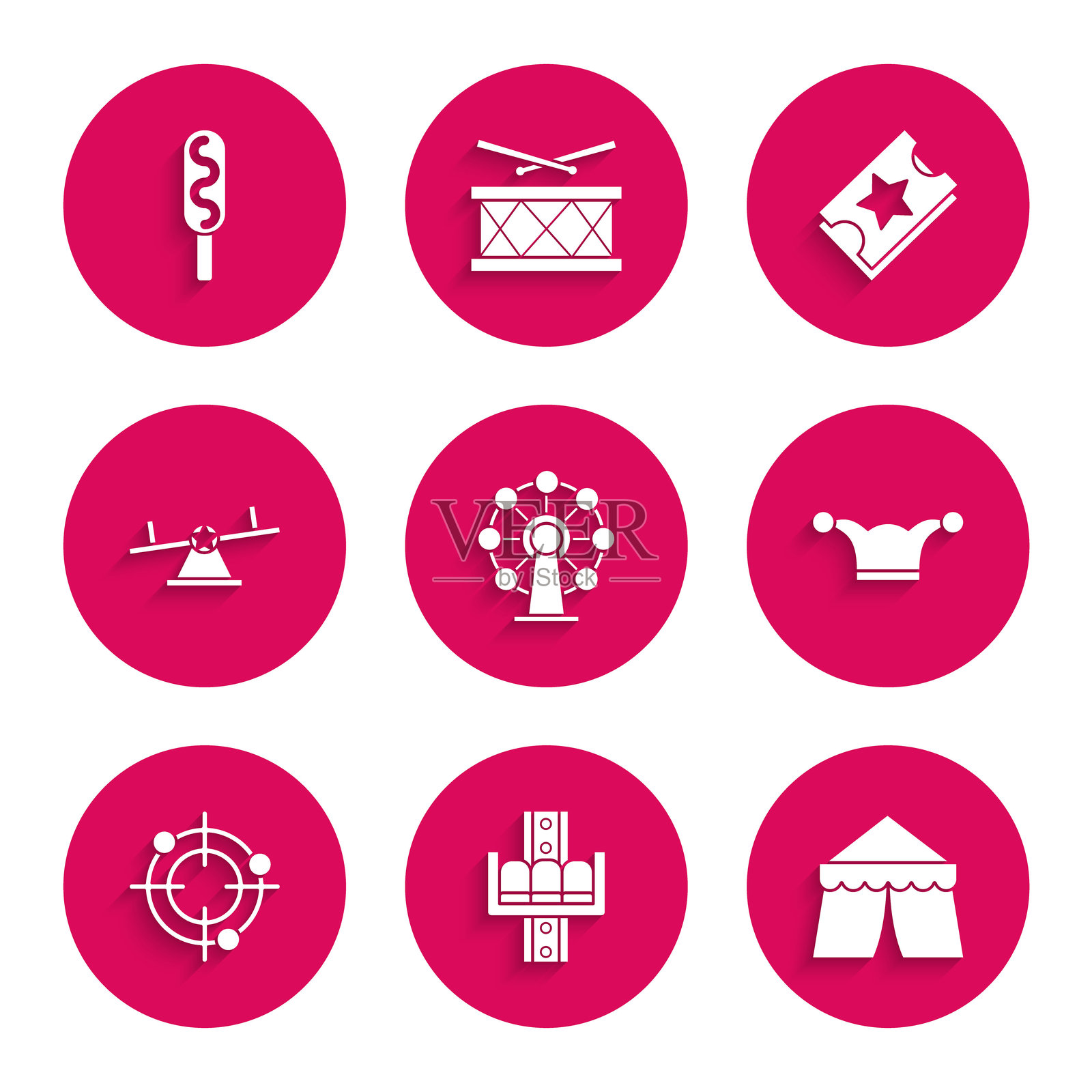 摩天轮、旋转木马、马戏团帐篷、带铃铛的小丑帽、射击比赛目标、跷跷板、门票和热狗图标。矢量图插画图片素材