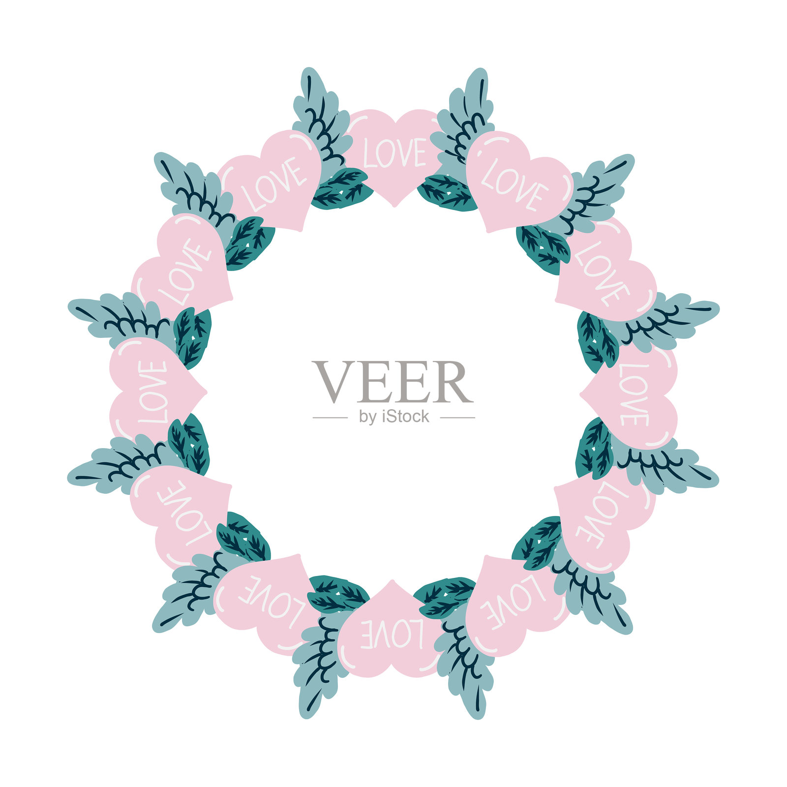 矢量圆形装饰边框,带有粉色心形和“LOVE”字样,非常适合情人节贺卡、婚礼请柬等。插画图片素材