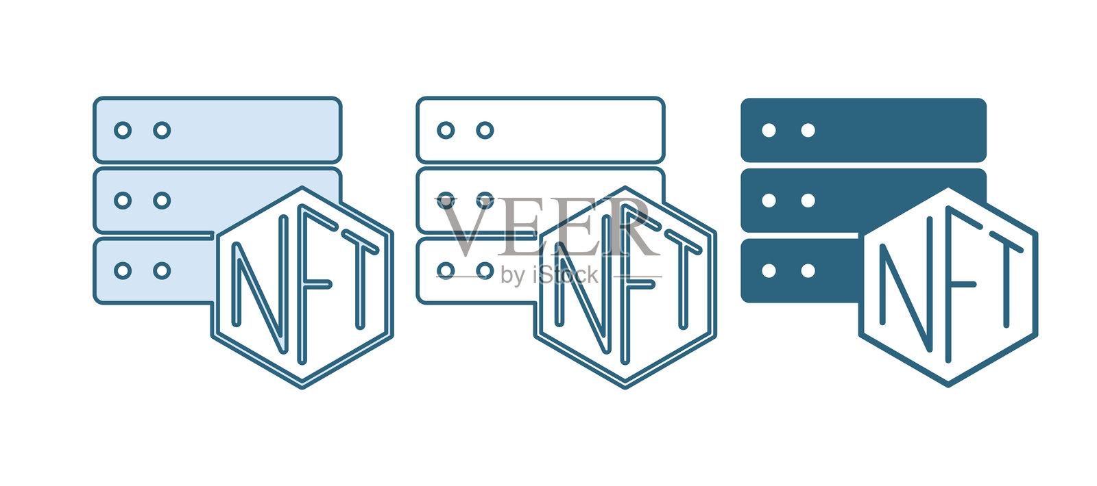 蓝色的 NFT 区块链技术图标,孤立在白色背景上。不可替代代币。数字加密艺术概念。矢量图插画图片素材