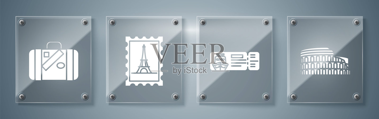 罗马斗兽场、邮轮船票、邮票、埃菲尔铁塔、旅行箱和贴纸。方形玻璃面板。矢量图插画图片素材