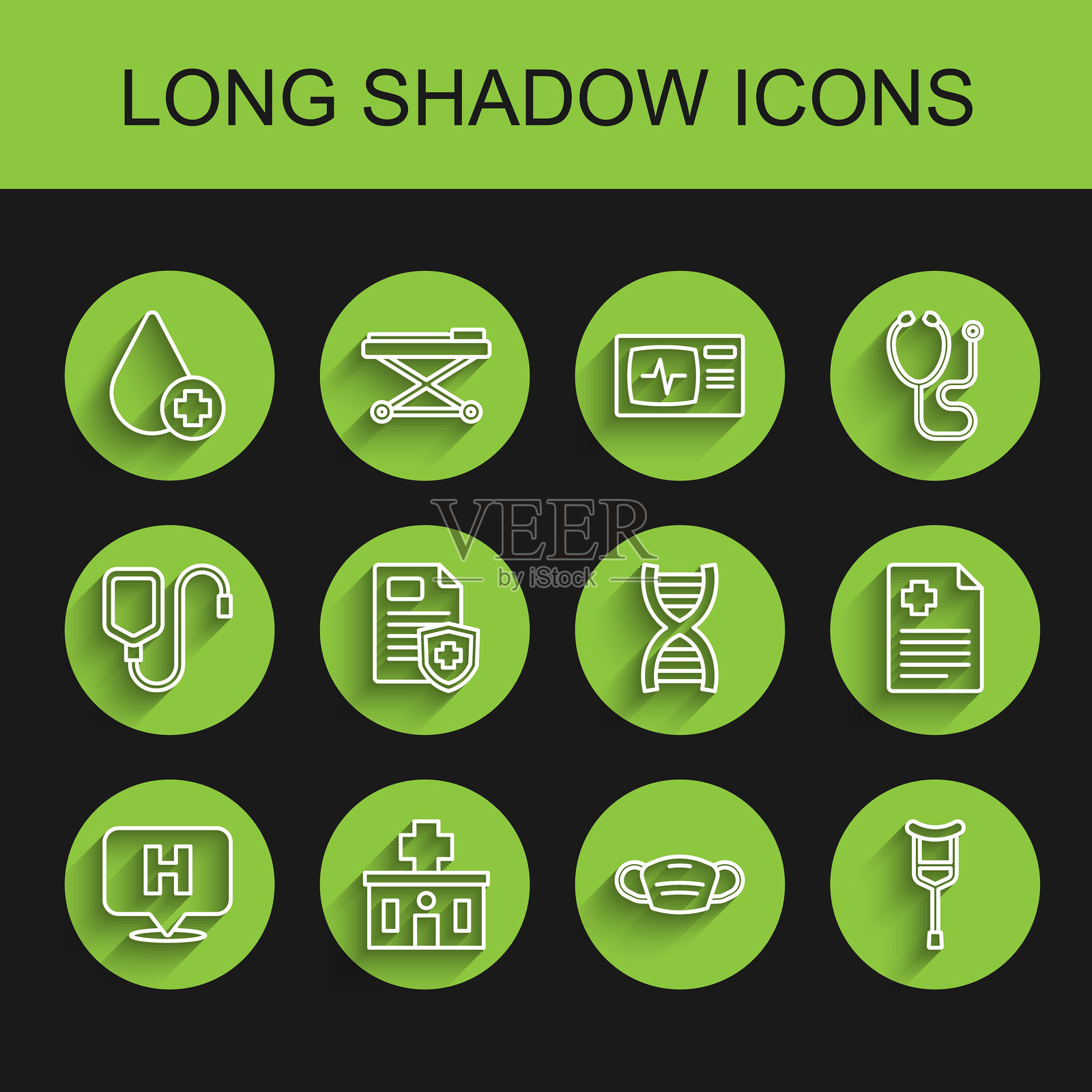 一组线条图标:医院位置、医院建筑、捐血、医用防护口罩、拐杖、病历和DNA符号。矢量图插画图片素材