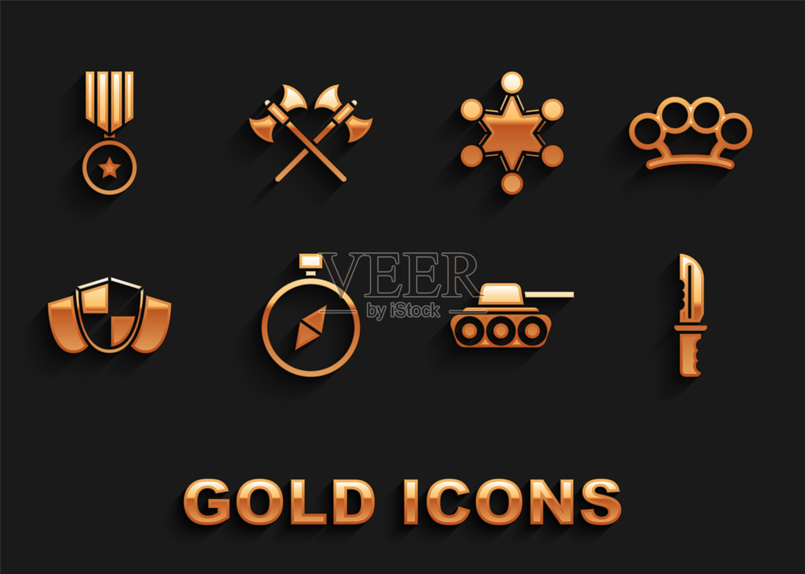 罗盘、黄铜指节套、军刀、坦克、盾牌、警徽、奖励奖章和交叉中世纪斧头图标。矢量图插画图片素材