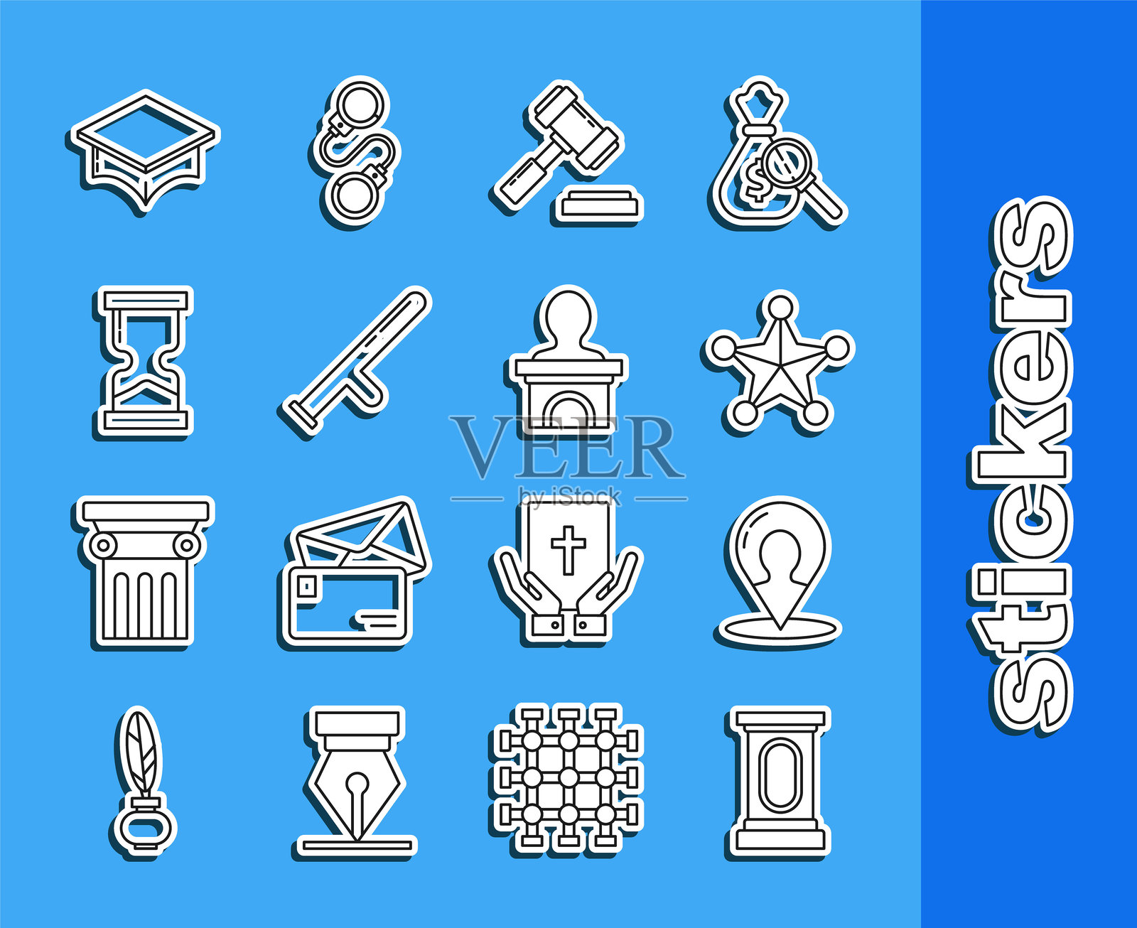 线条组成的舞台、辩论讲台、领奖台、人物剪影的地图标记、警长六角星、法官木槌、警察橡胶警棍、旧沙漏和毕业帽图标。矢量图插画图片素材