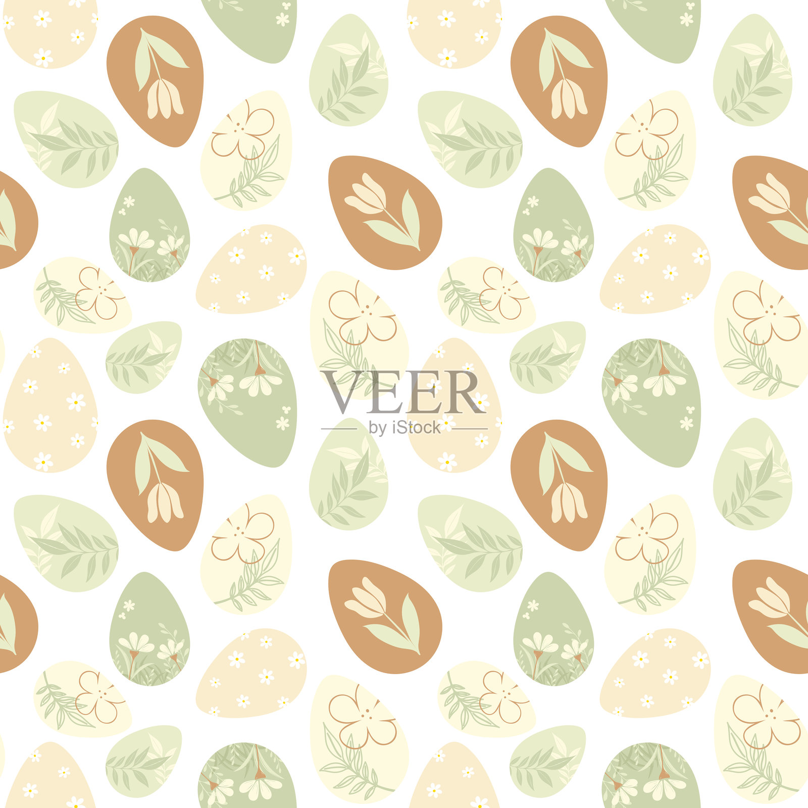 柔和粉彩花卉和植物元素的无缝复活节彩蛋图案插画图片素材