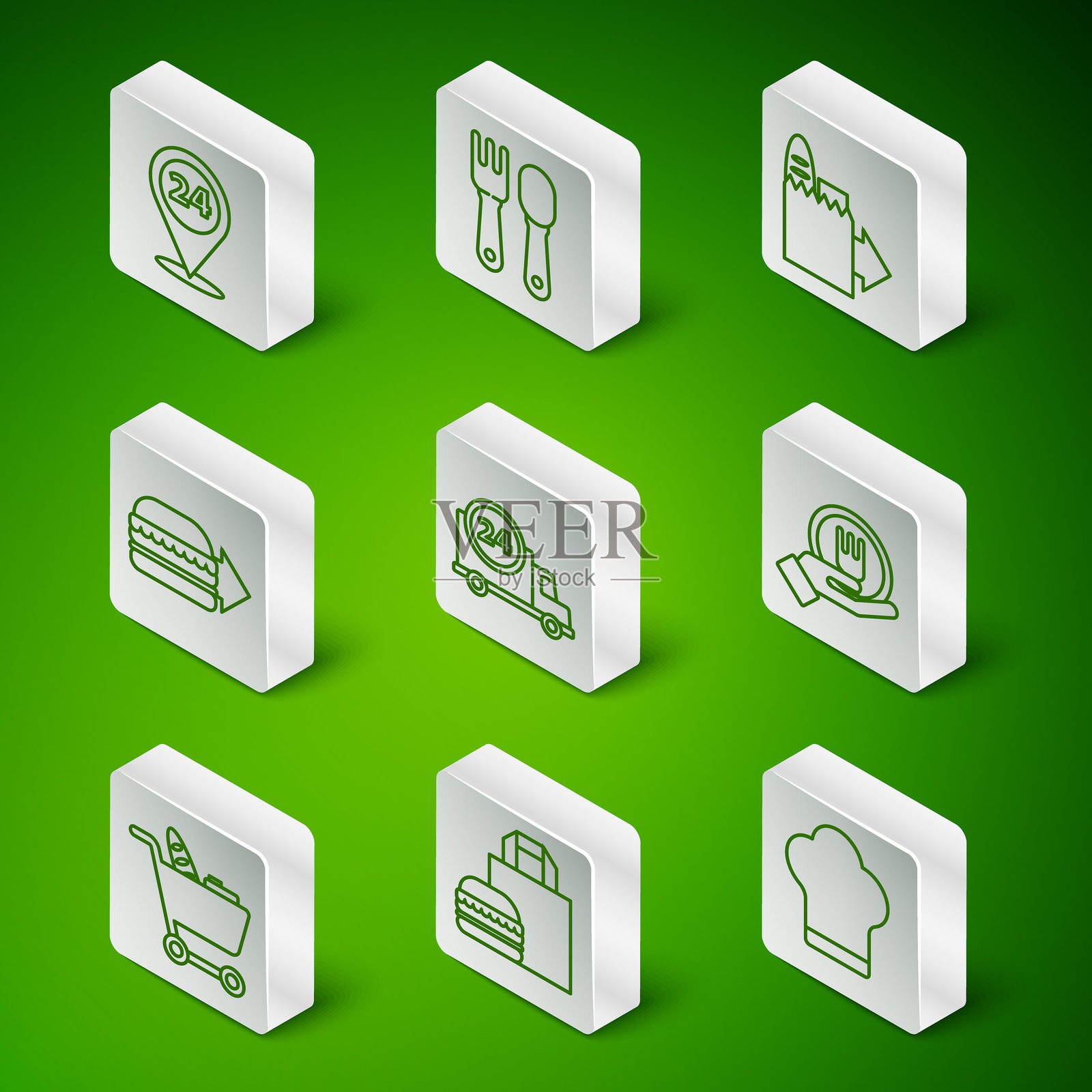 厨师帽线条图标,在线订购汉堡外卖,全天候服务,汽车配送,餐叉和餐勺,购物车和食物图标。矢量图插画图片素材