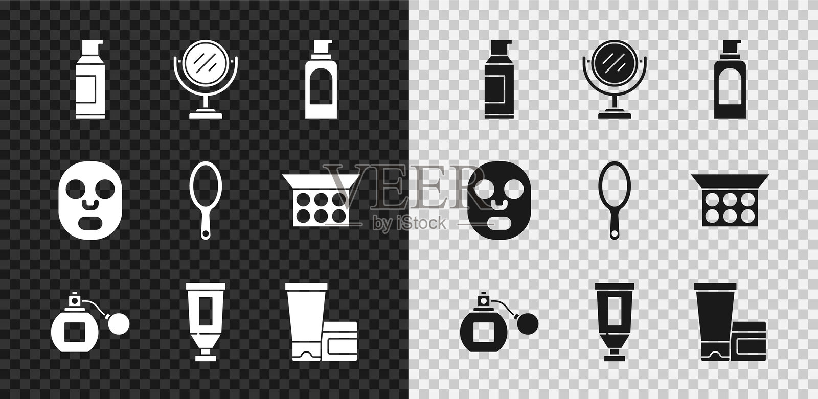 喷发胶喷雾罐、圆形化妆镜、香水、乳霜化妆品管、面膜和手形图标套装。矢量图插画图片素材