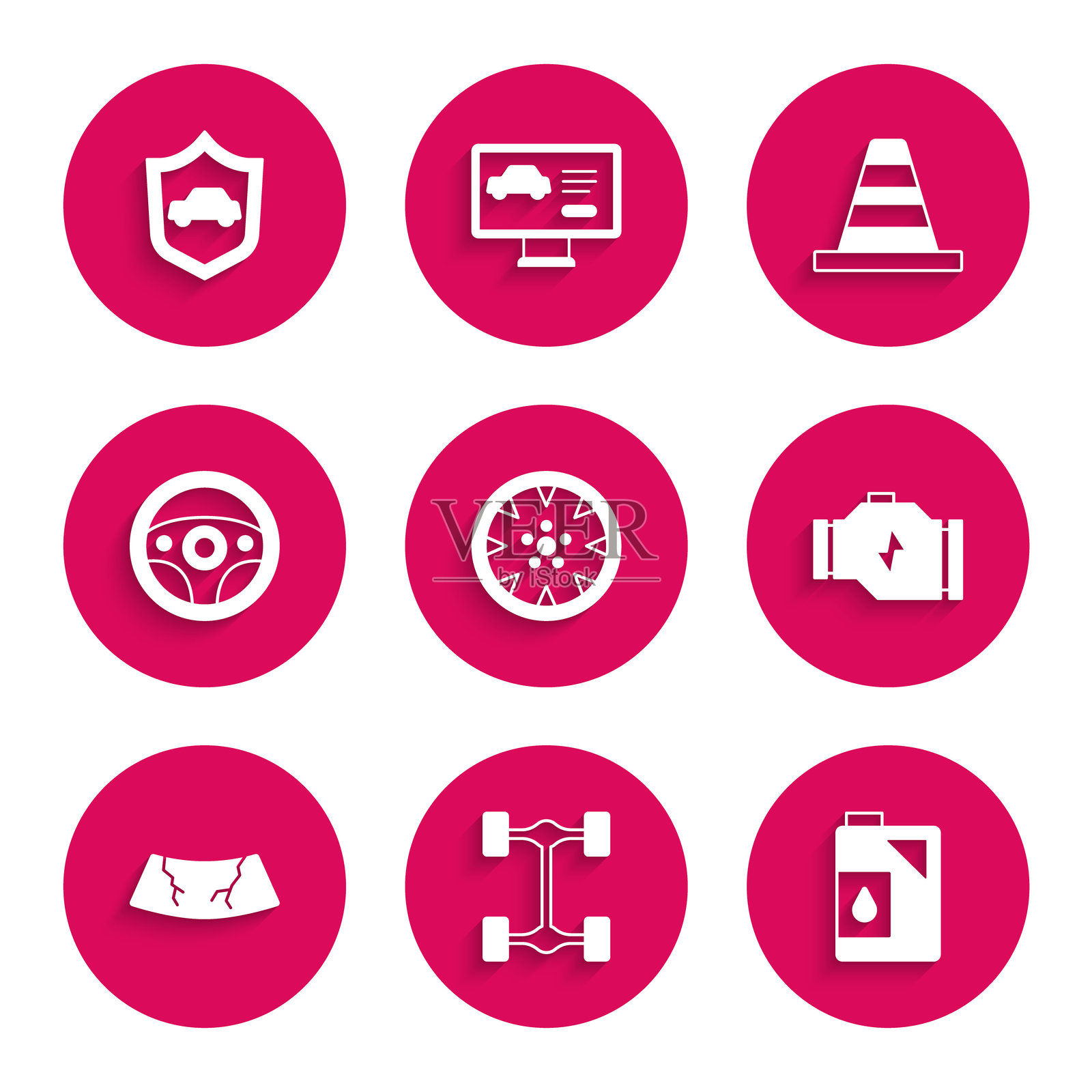 合金轮毂、汽车底盘、机油罐、发动机故障灯、破碎挡风玻璃、方向盘、交通锥和汽车图标。矢量图插画图片素材