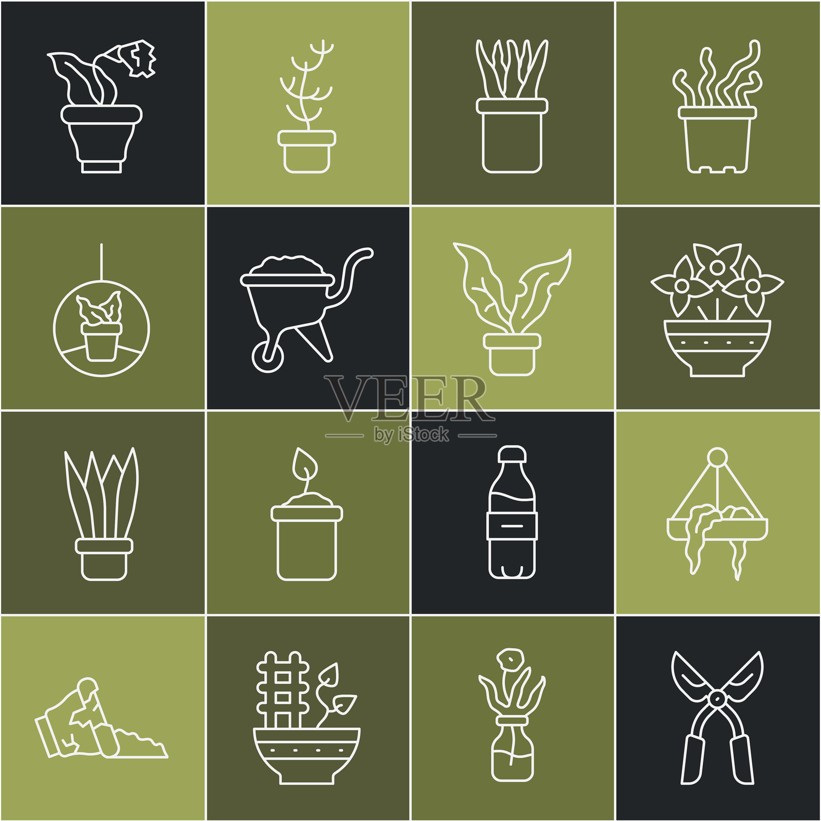 园艺手工剪刀、悬挂式花盆、花瓶、装有泥土的手推车和图标的线条集合。矢量图插画图片素材