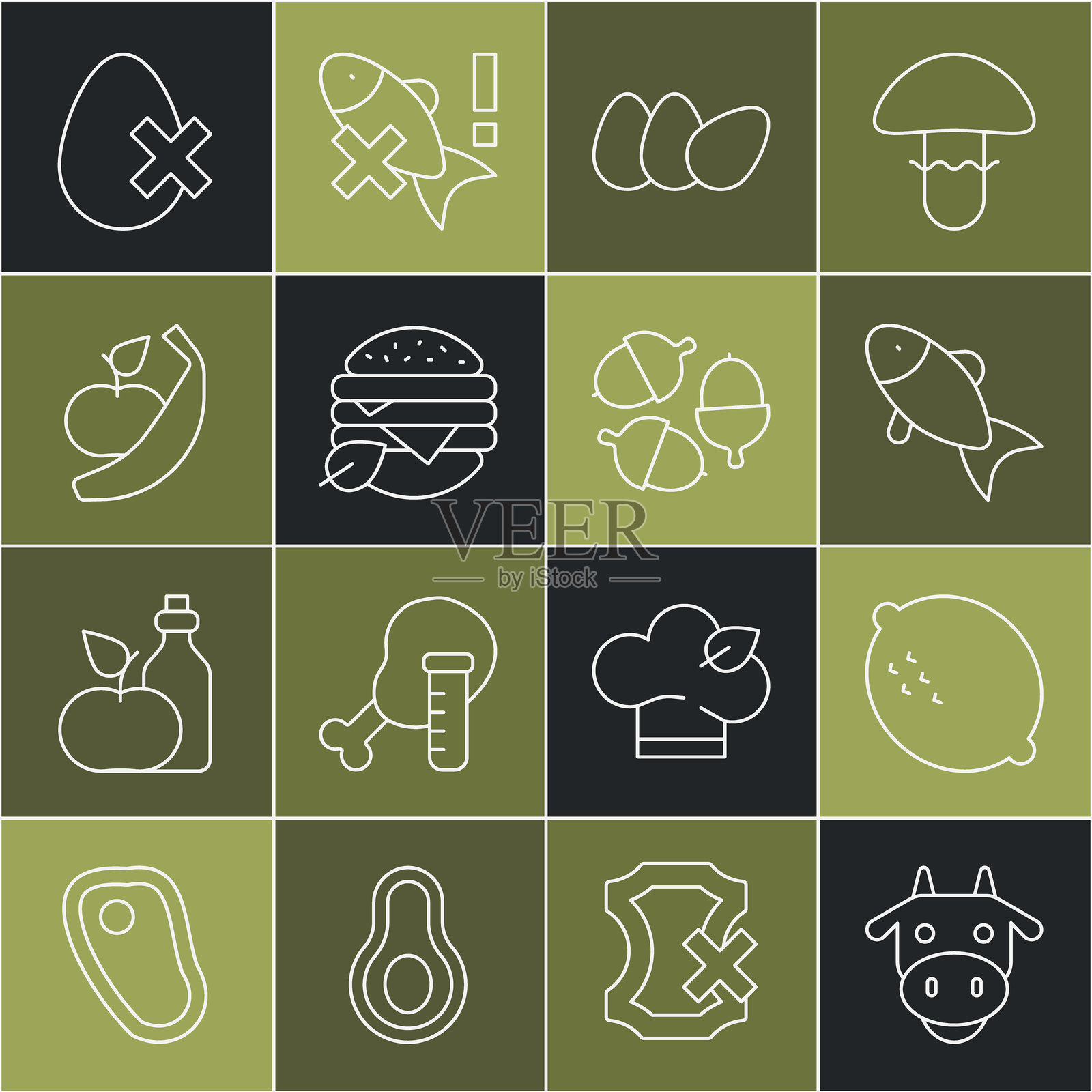 奶牛头像、柠檬、鱼、鸡蛋、素食、苹果和香蕉、禁止符号和橡子图标的线条集合。矢量图插画图片素材