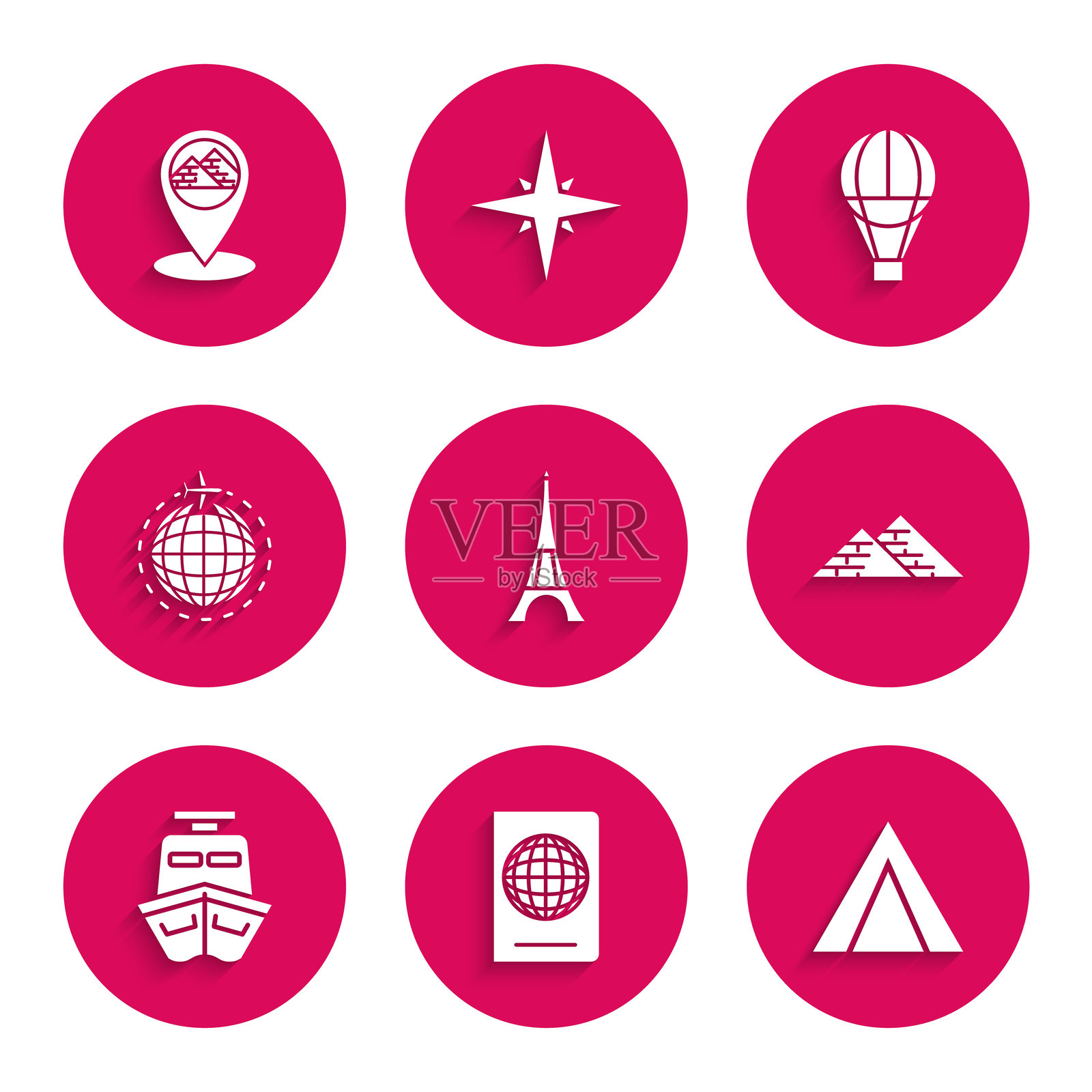 埃菲尔铁塔、带生物识别数据的护照、旅游帐篷、埃及金字塔、轮船、带飞机的地球、热气球和地图标记图标。矢量图插画图片素材