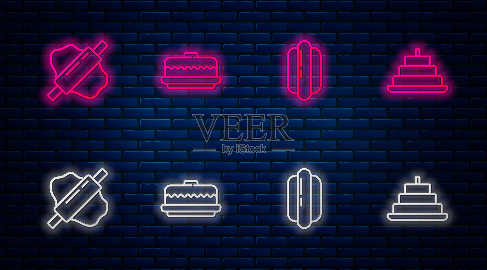一套线条图标:蛋糕、热狗三明治、擀面杖在面团上以及带燃烧蜡烛。砖墙上的发光霓虹灯图标。矢量图插画图片素材