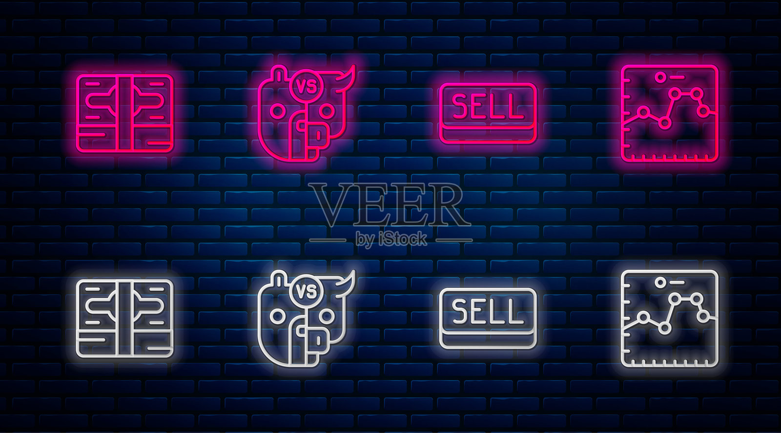 股市牛熊交易图标,卖出按钮,纸币现金堆叠和带有增长图表的浏览器。砖墙上的发光霓虹灯图标。矢量图插画图片素材